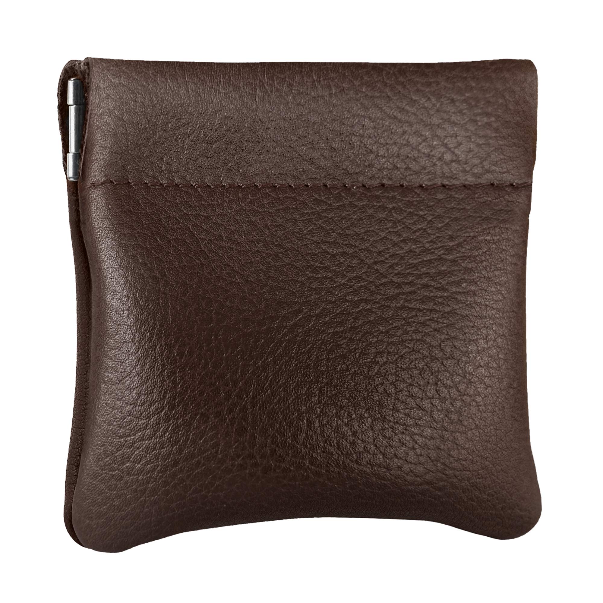 Classic Leather Squeeze Coin Purse change Holder For Men, Pouch size 3.5 in X 3.25 in. high, Brown