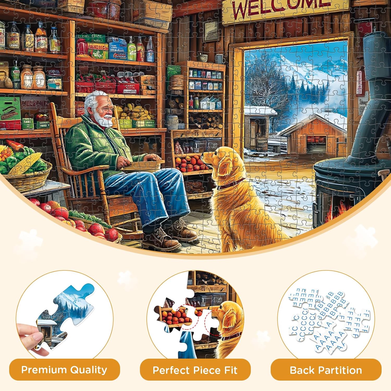 500 Pieces Puzzle for Adults, Country Shop Puzzle for Adult, Elder Man and Golden Dog Jigsaw Puzzle 500 Pieces, Fun and Challenging Family Game Great Gift Idea, 20.5 * 15 in