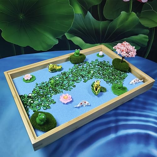 Miniatura 6 de Aeepics Mini jardín zen para rana, juego de caja de arena para decoración de escritorio de oficina, bandeja de madera de 11 x 7 pulgadas, incluye