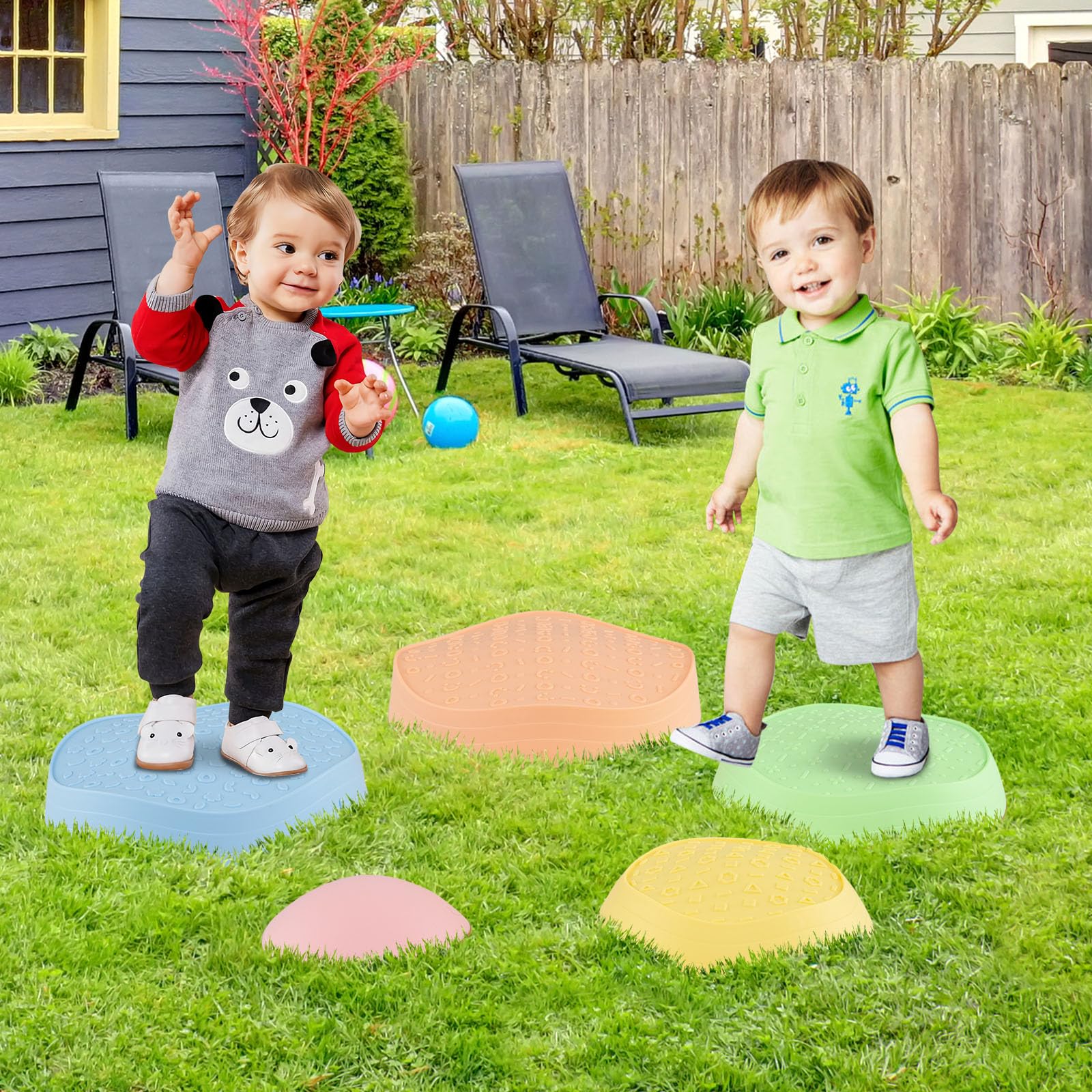 GOPLUS Pierres d'Équilibre pour Enfants, 5 Pièces Parcours de Motricité Antidérapantes Empilables avec Sac de Rangement