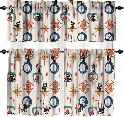 Miniatura 16 de Cortinas de cenefa de cocina de mediados de siglo, diseño geométrico abstracto de mediados de siglo, retro, moderno, tratamiento de ventana pequeña