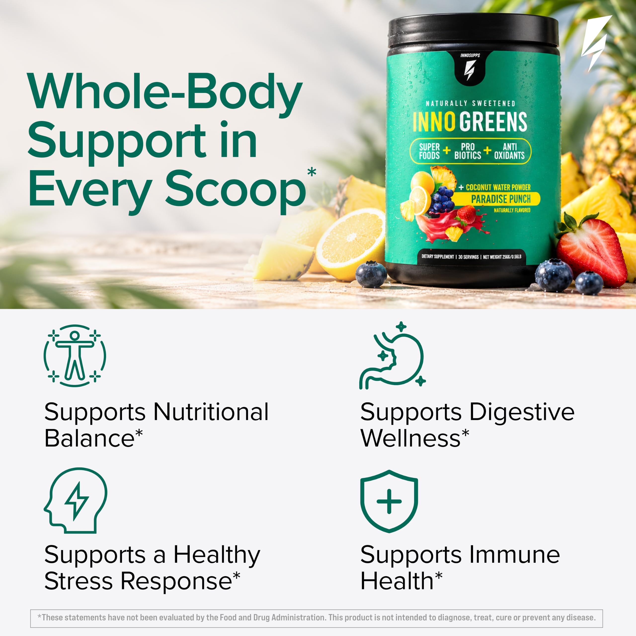 Inno Greens | 28+ Organic Greens & Superfoods | Advanced Prebiotics + Probiotics | Super Antioxidant + Hydration | Spirulina, Chlorella, Ashwagandha | Natural, Non-GMO | 30 Servings (Paradise Punch) — Amazon image 7