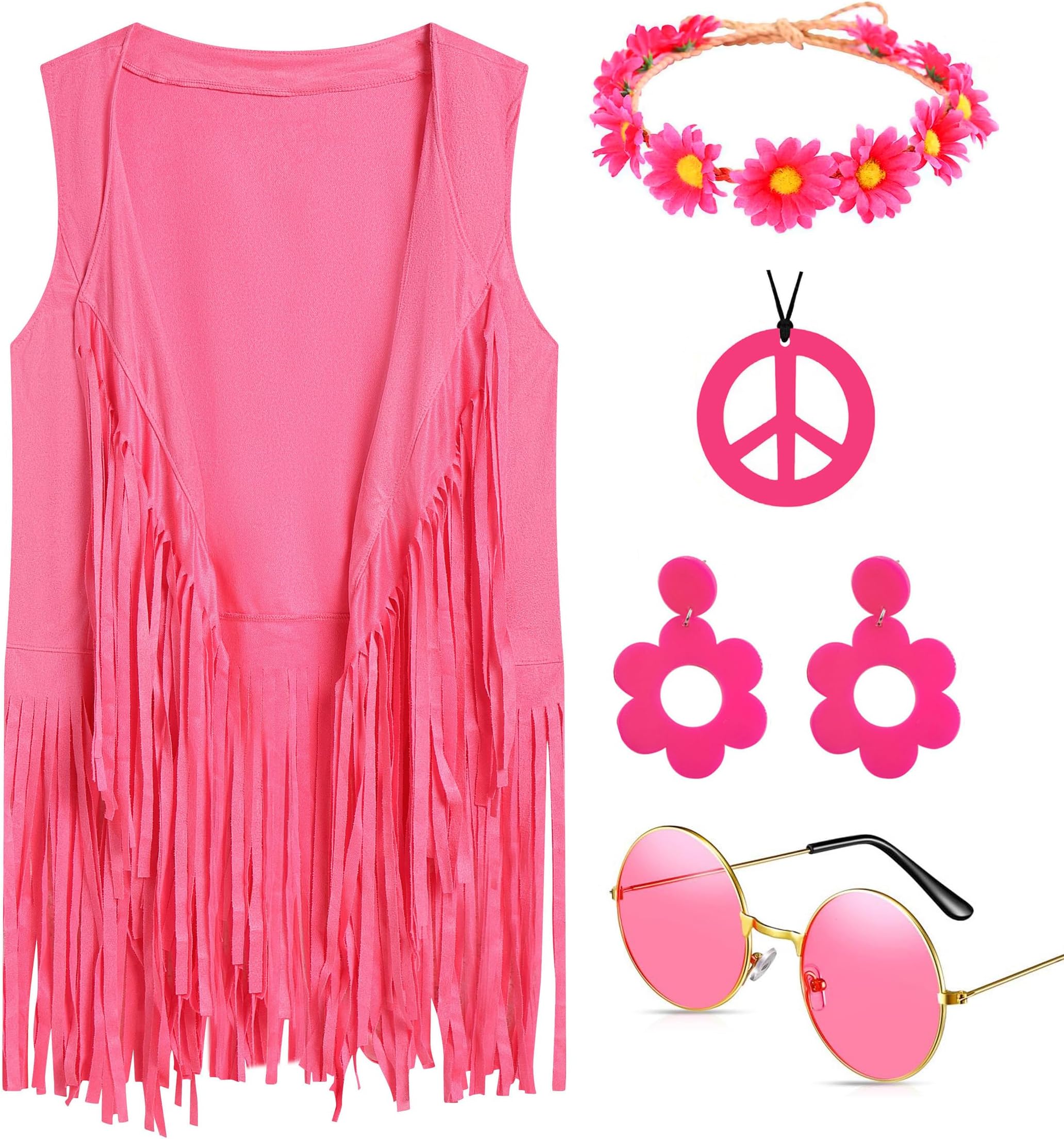 Deerjoke 70s Disco Outfits Hippie Clothes Costume for Women, 5 Pcs 60s 70s Hippie Accessories Halloween