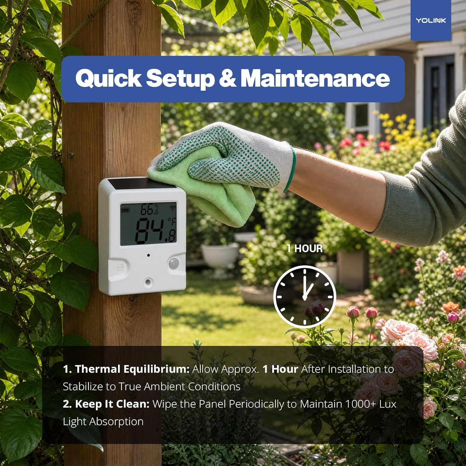 Image showing the YoLink sensor mounted on a wooden post with a clock icon indicating 1 hour for stabilization