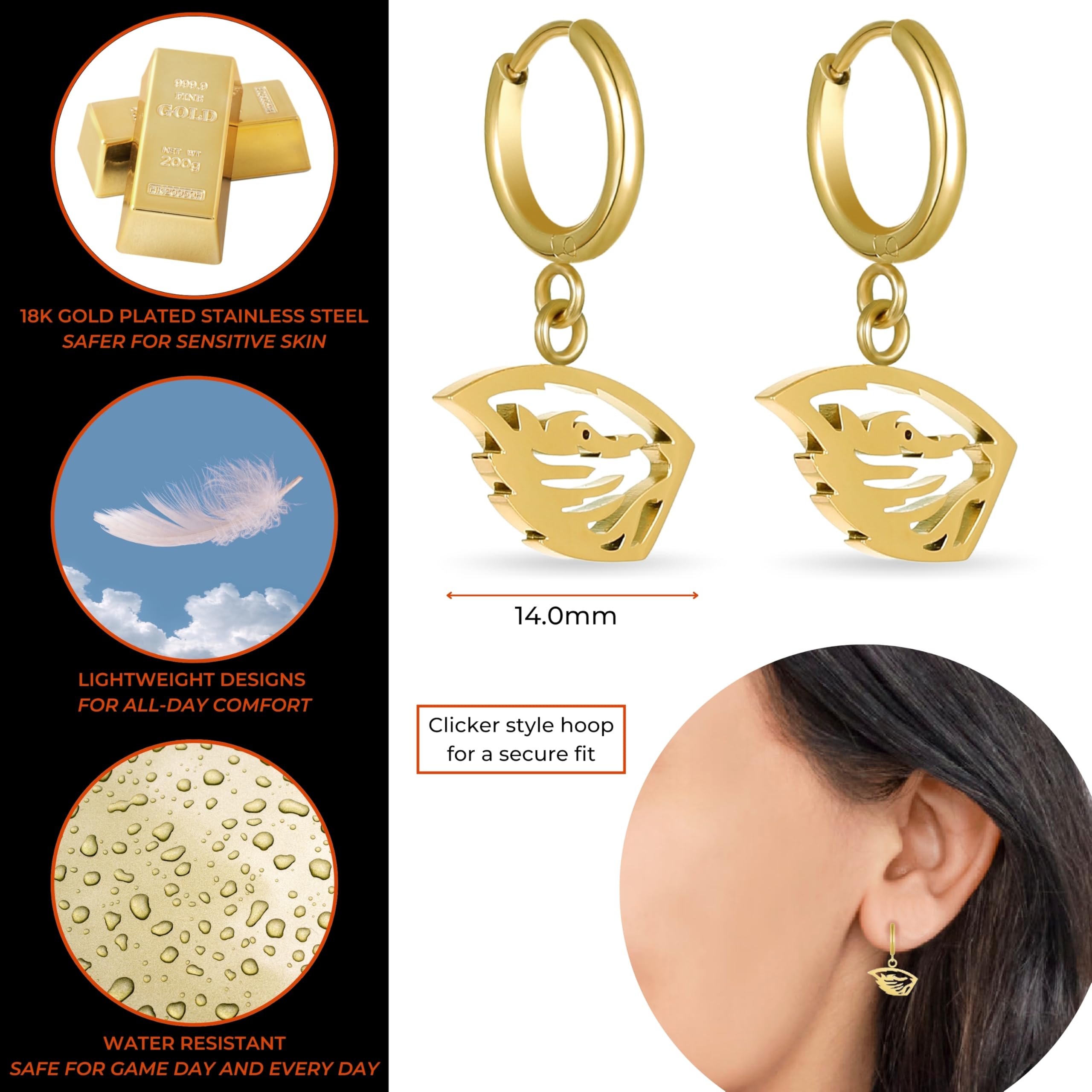 Stone Armory Earrings for Oregon State University Jewelry Gifts for Women, Graduation – Stainless Steel Skin-Friendly Oregon State Beavers Earrings 18K Gold Finish Beaver Hoops