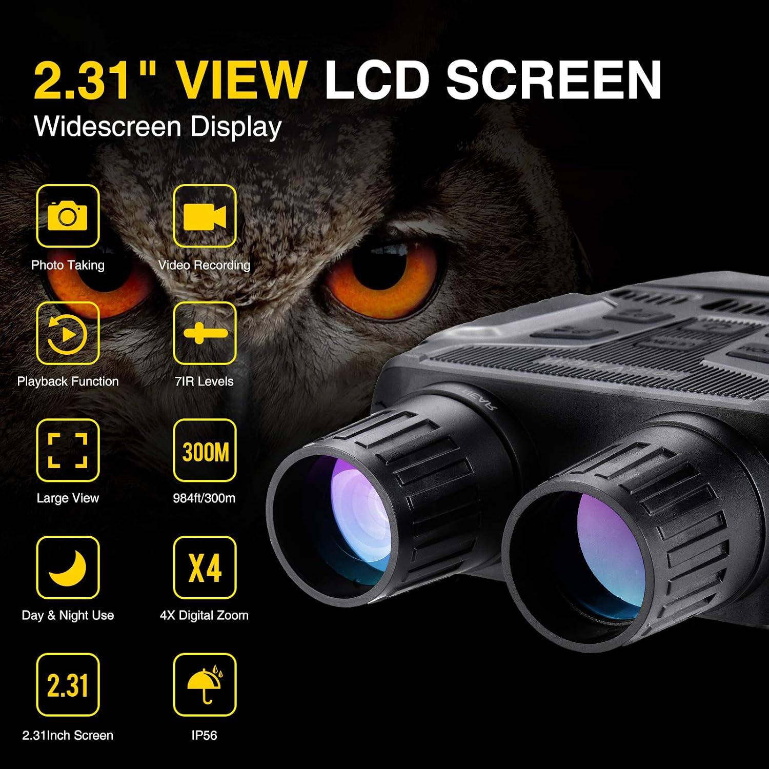 FREE SOLDIER Night Vision Binoculars with 2.31 inch view LCD screen, showing features like photo taking, video recording, playback, 7 IR levels, large view, 300m range, 4x digital zoom, day & night use, and IP56 waterproof rating.