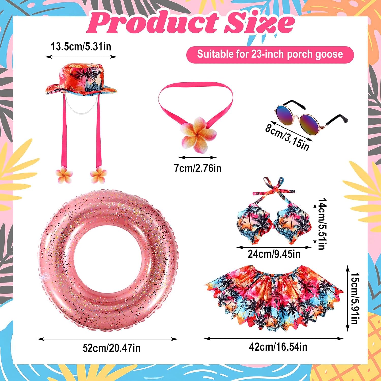 Summer Bikini Outfits for 23in Porch Goose , Hawaiian Goose Clothes Clothing Costume Including Swimsuit Hat Necklace Sunglasses & Swim Ring for Cement Geese Statue Garden Patio Decor Accessories image 2