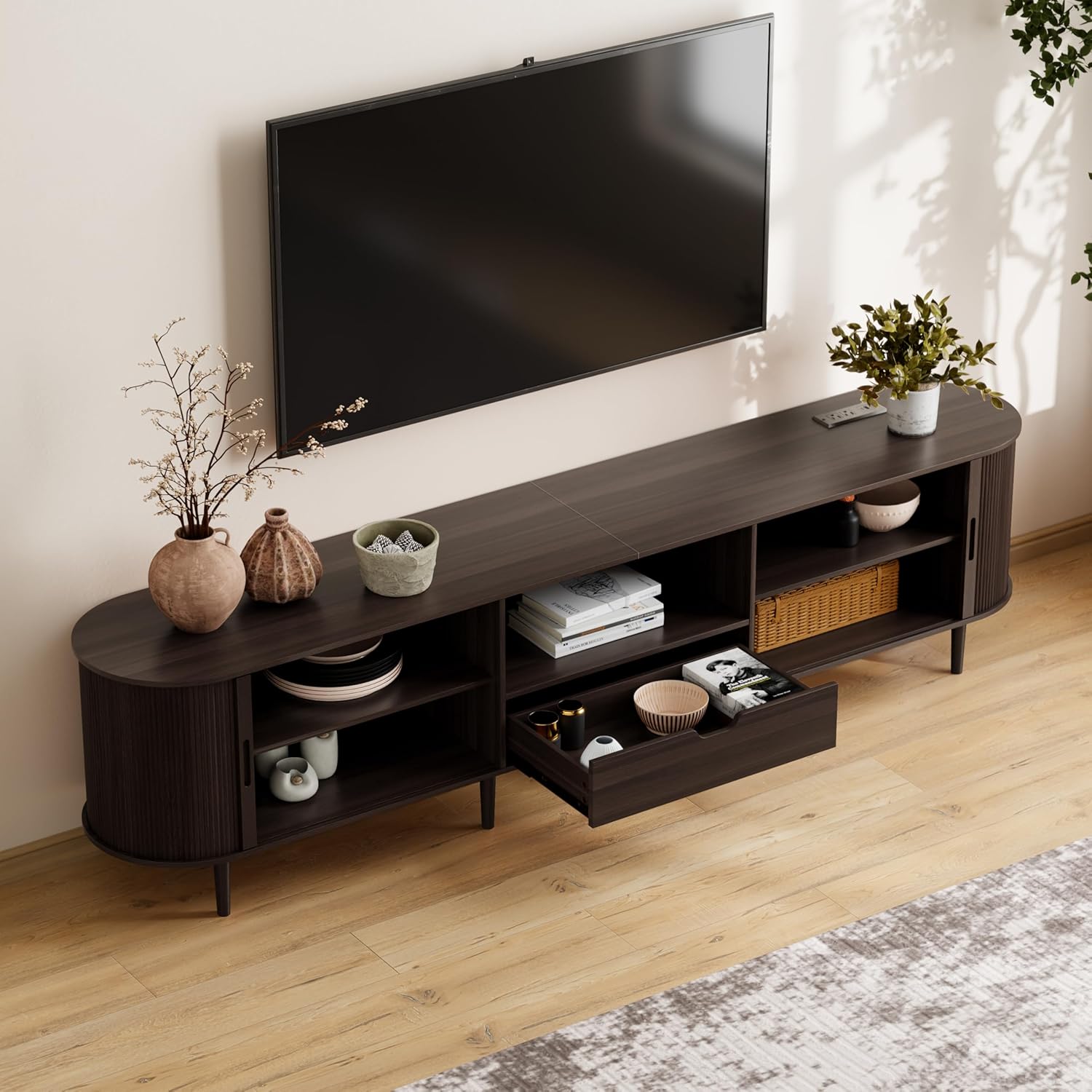 86.6" Fluted TV Stand with Power Outlet for TVs up to 90", TV Console with Adjustable Shelves and Sliding Door,Mid Century Modern Entertainment Center for Living Room,Bedroom (Dark Walnut, 86.6Inch)