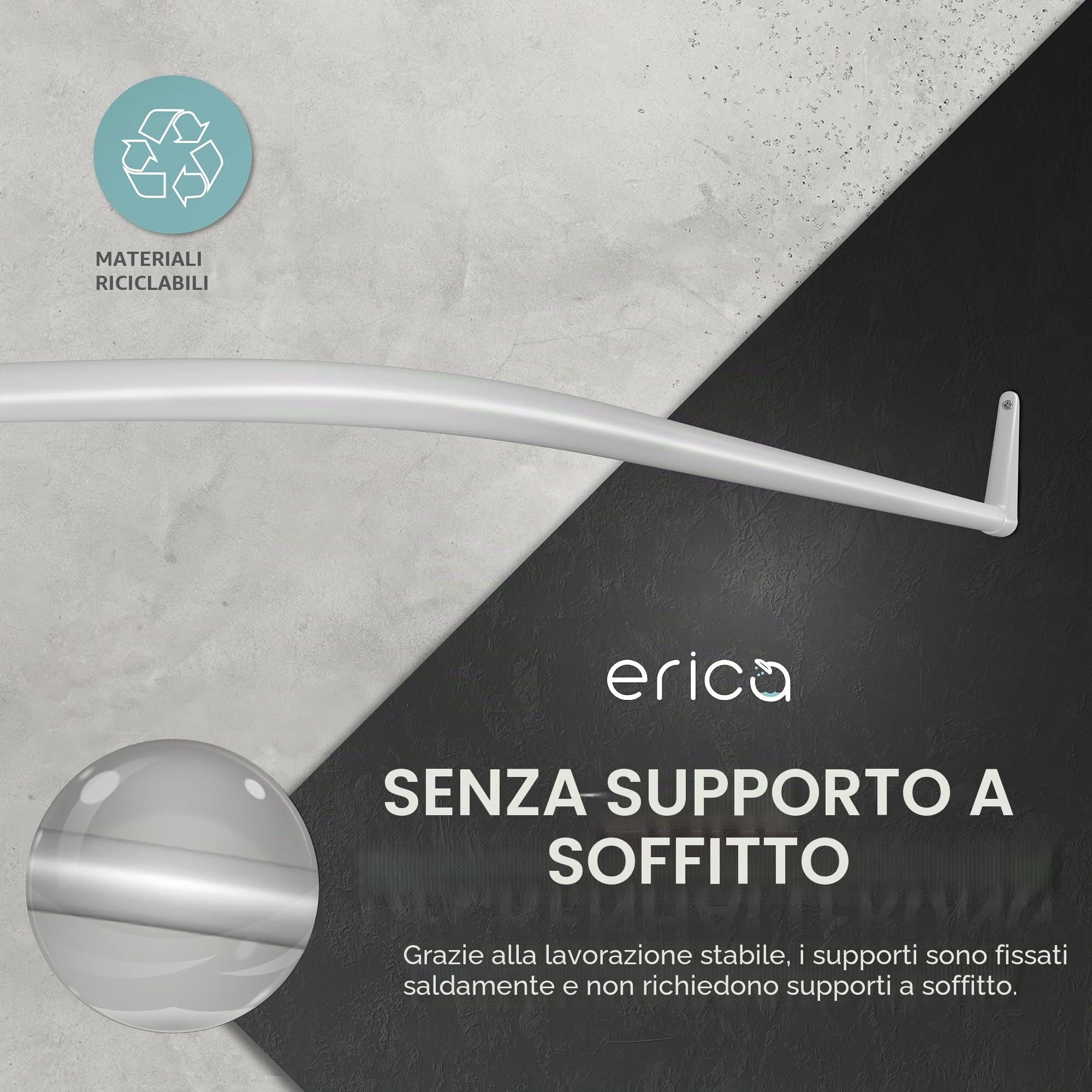 Erica Asta Tenda Doccia 85x95x85 cm, Tubo Tenda Doccia a Muro Senza Fissaggio Soffitto – Rivestimento in Plastica Senza PVC, Bastone per Tenda Doccia 100% Acciaio Inox. Bianco.