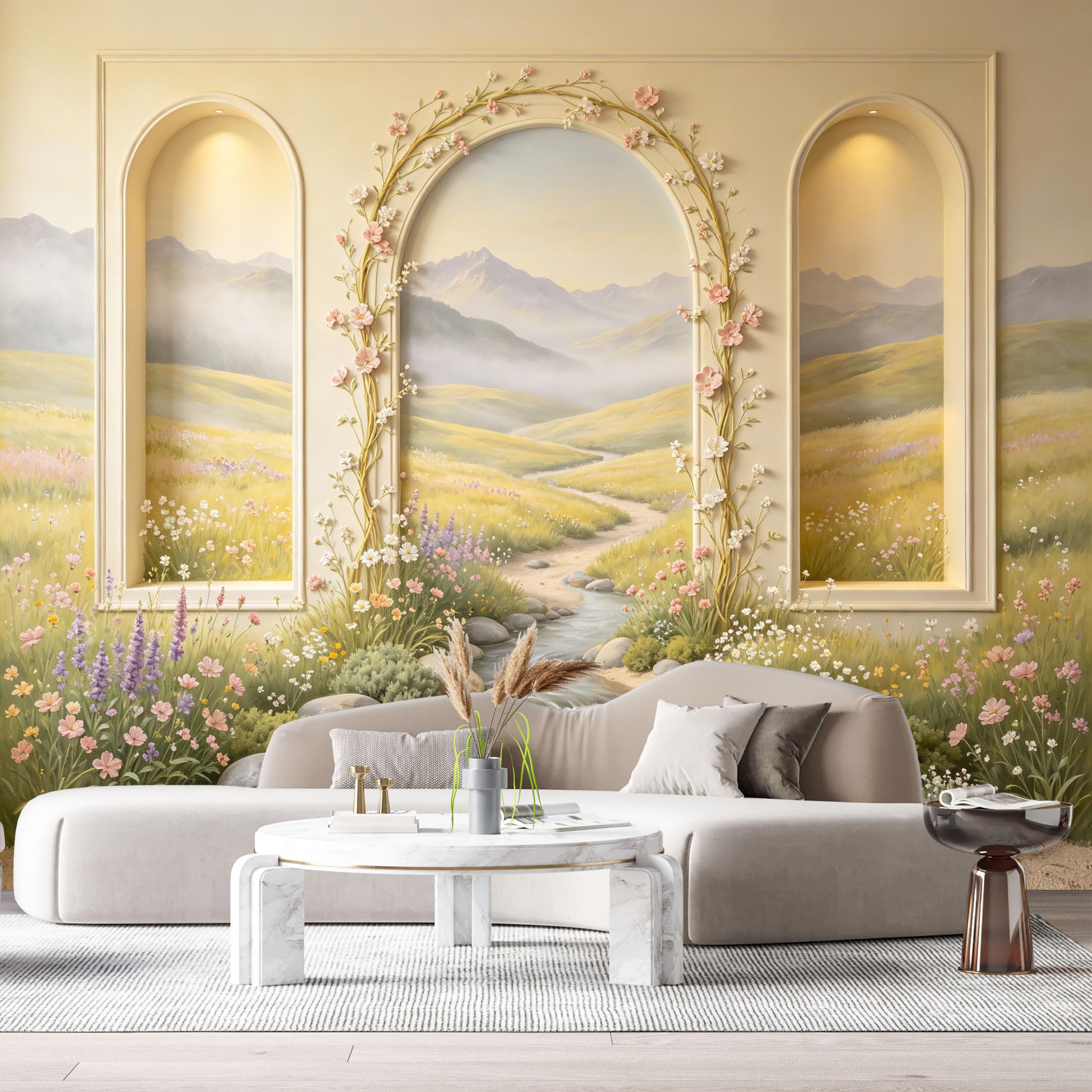 Custom Size Wall Murals Mountain Valley Floral Archway River Landscape 3D Trompe L'Oeil SelfAdhesiveWall Fabric Removable Wallpaper Wall Decor for Living Room Bedroom Bathroom