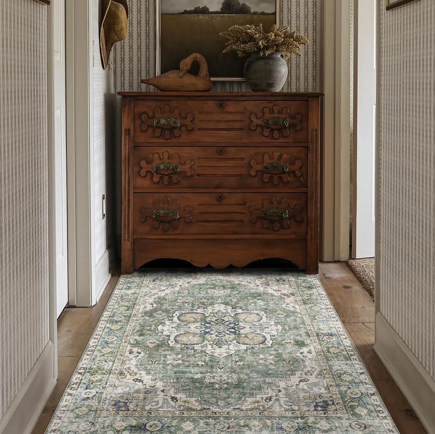 Washable Area Rug 4x6 - Boho Living Room Rug Non Slip Soft Bedroom Rug Ultra-Thin Sage Green Vintage Medallion Oriental Dining Room Rugs for Under Table Indoor Carpet for Living Room Kitchen