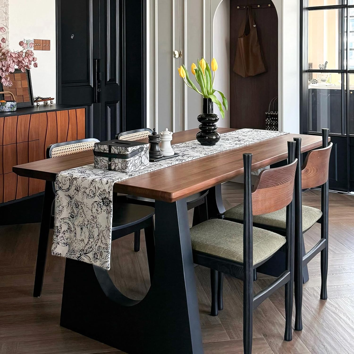 Black and White Table Runner Cotton Polyester, Thick Jacquard Long Table Runner, Kitchen Dining Table Decoration for Farmhouse Wedding Home Party Decor 12x120 Inch