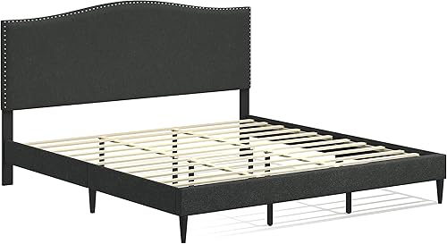 Miniatura 3 de Glenwillow Home Kameli - Marco de cama tapizado con base de clavos, base de colchón, soporte de listones de madera, no necesita somier, fácil