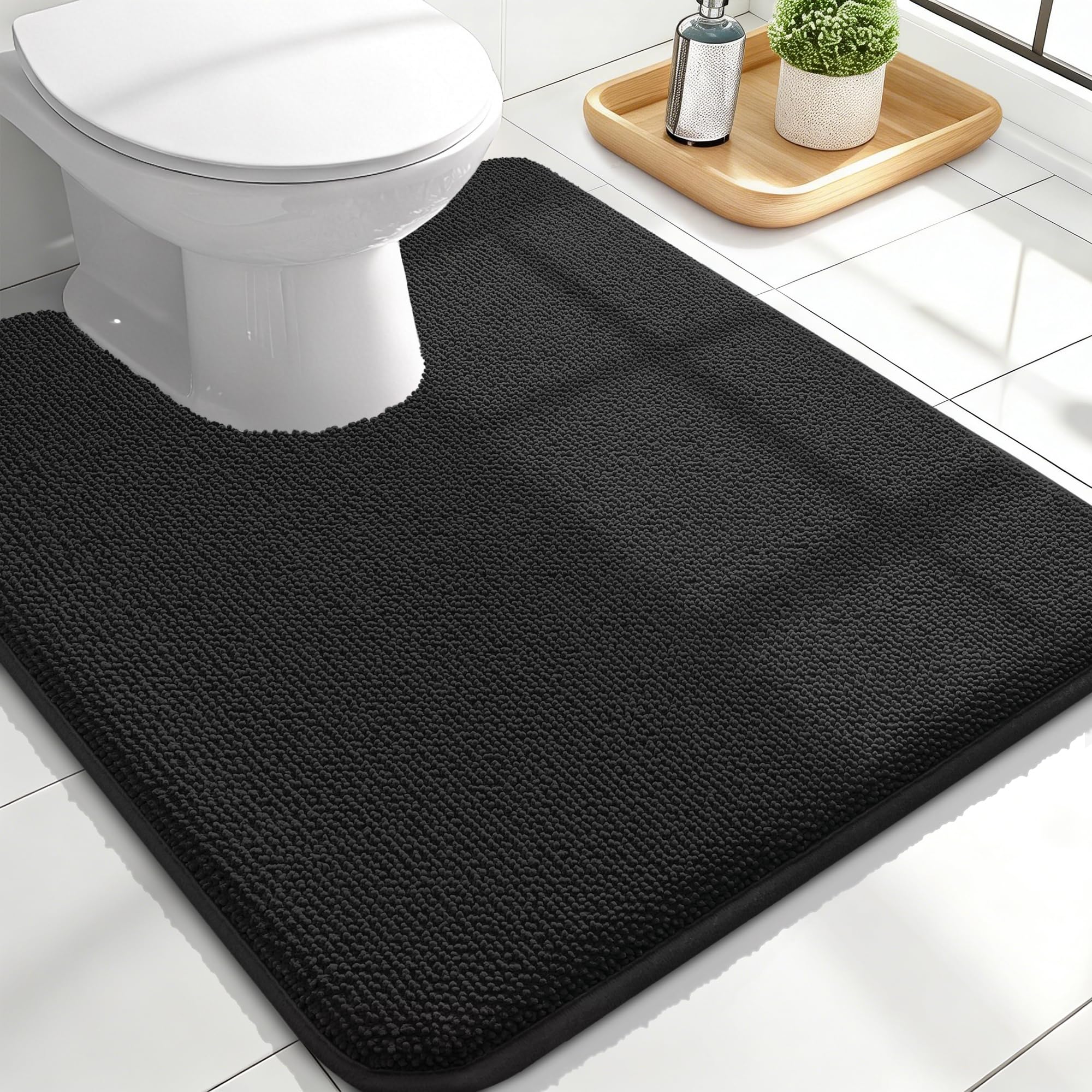 OLANLY Memory Foam Bathroom Toilet Rug U-Shaped 24x20, Absorbent Mat, Black