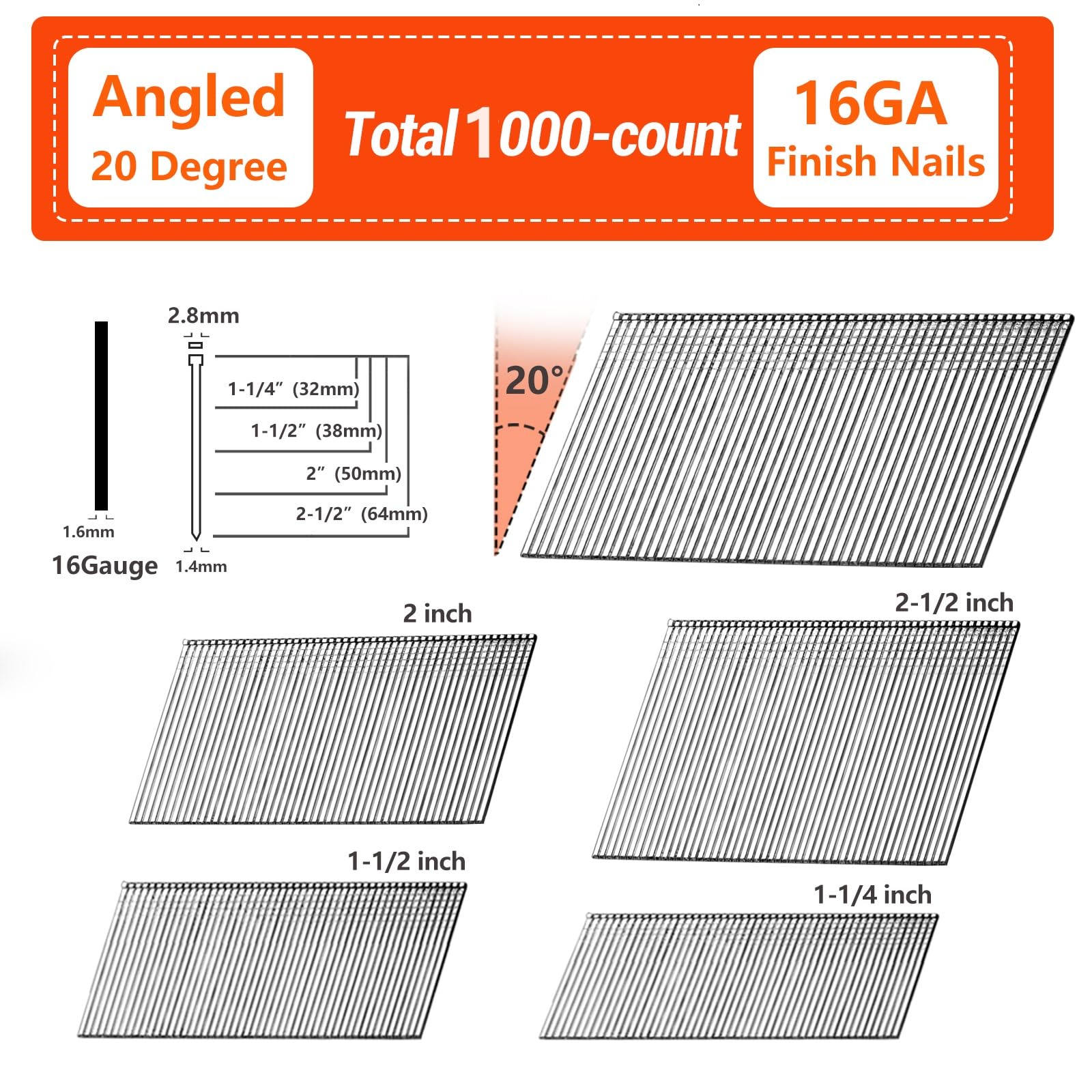 16 Gauge Angled Finish Nails 20 Degree 4000 Pack 2-1/2", 2 - View #3