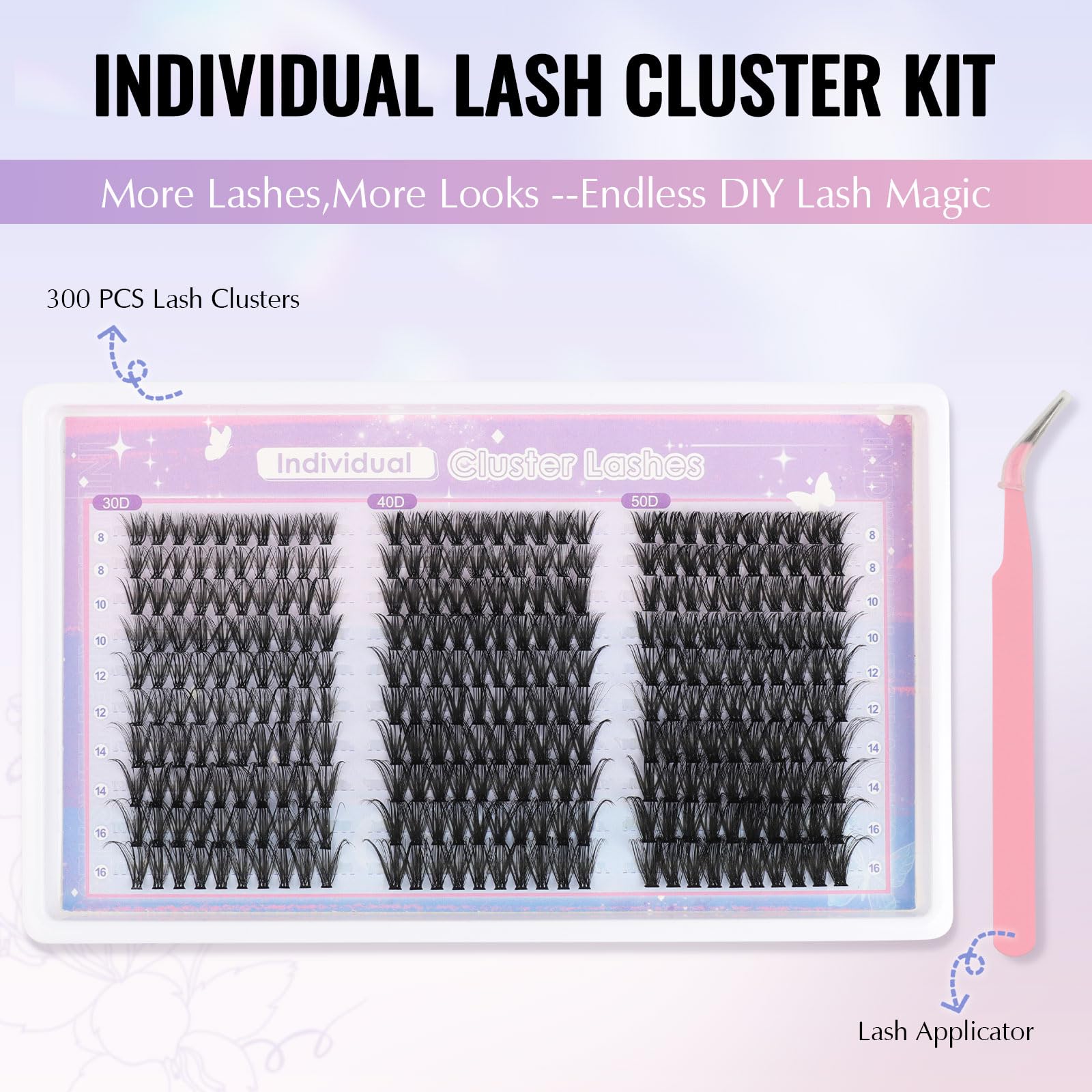 Silkiwinki Individual Lashes 300PCS Cluster Lashes Natural 3 Styles Mixed 8-16MM False Eyelashes Kit with Lash Tweezers(30D+40D+50D) - Image 2