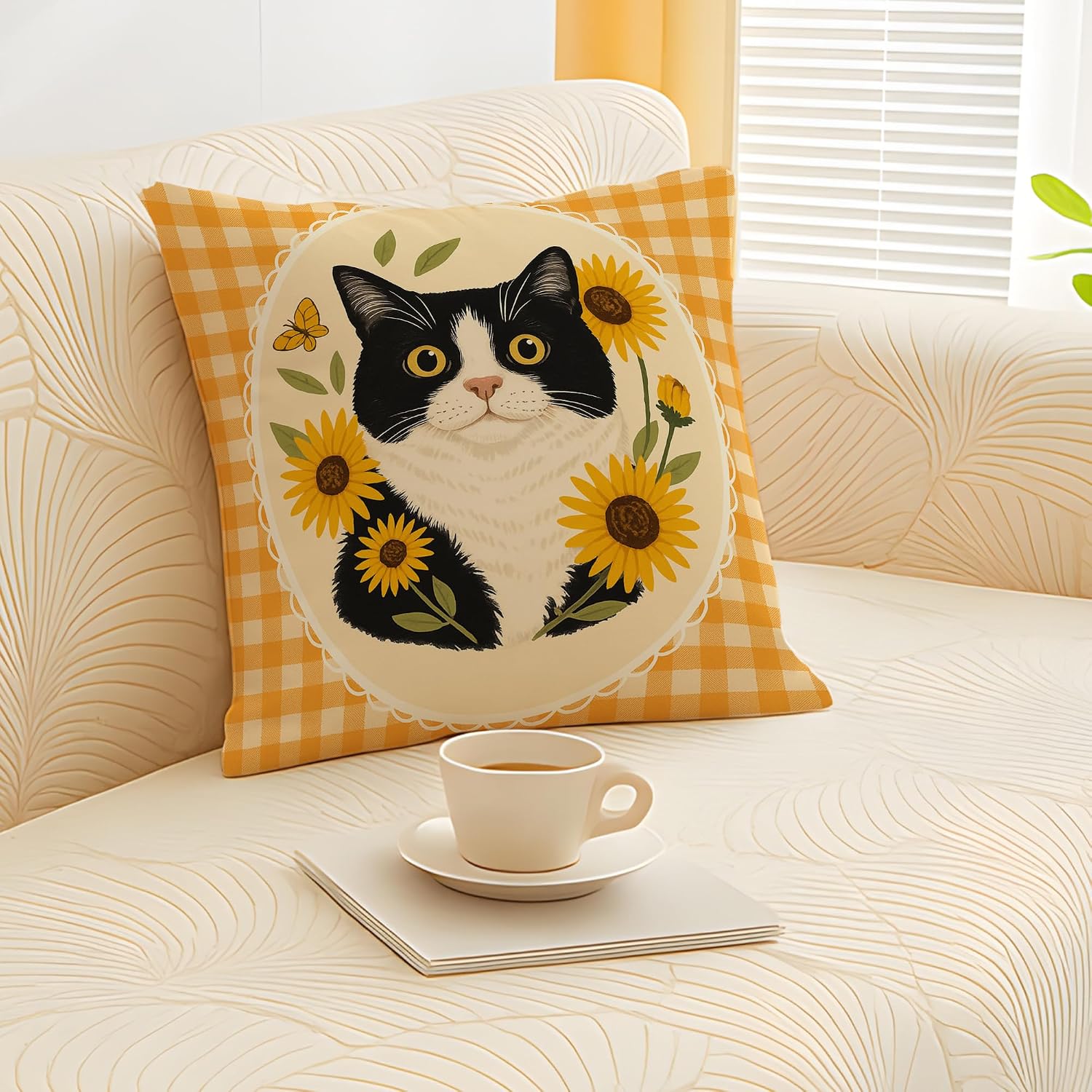 Sunflower Floral Tuxedo Cat Pillow Covers 18x18, Tuxedo Cat Gifts, Cottagecore Yellow Plaid Black and White Kitty Decorative Pillow Covers for Living Room Bedroom Home image 3