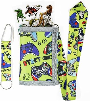 Kids Wallet for Boys Girls 5-16, Boys Trifold Wallet with Lanyard and Zipper Coin Pocket for Kids Toddler Children, Novelty Sports Wallet with Stickers and Card Holder -Green Gamepad