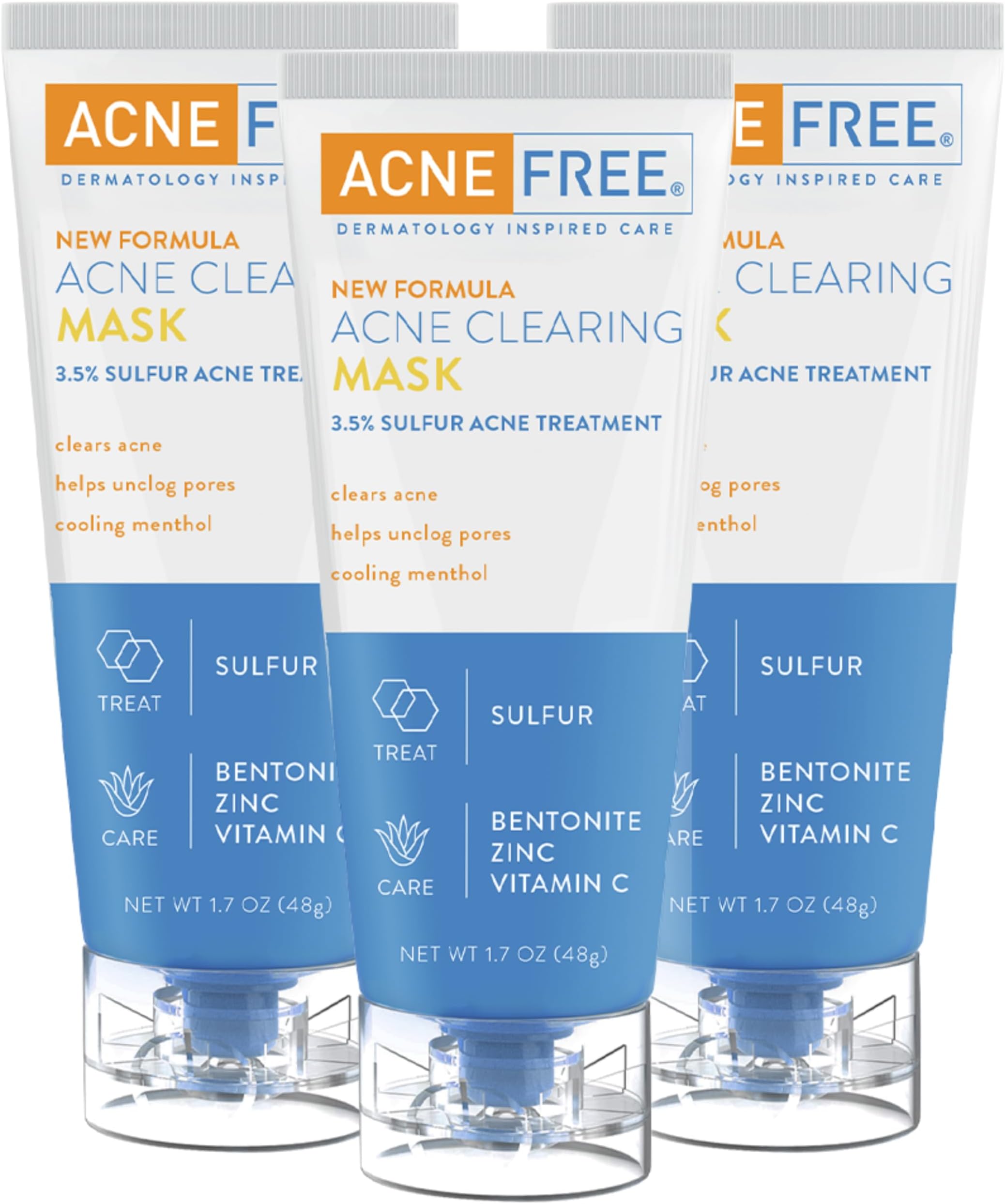 AcneFree Acne Clearing Mask, 3.5% Sulfur Acne Treatment, Absorbs Excess Oil and Unclogs Pores with Vitamin C, Bentonite, and Zinc, 1.7 Ounce - Pack of 3