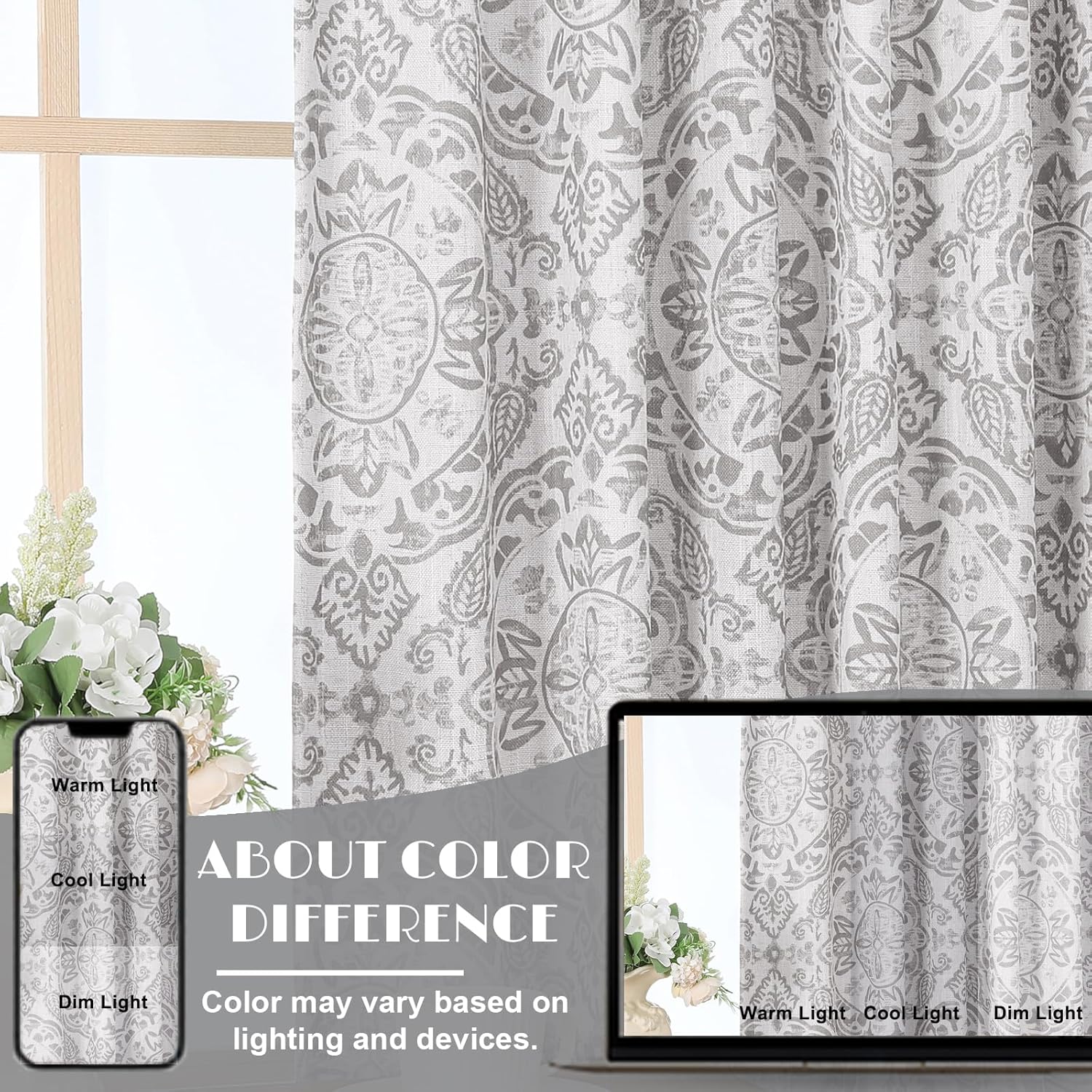 OWENIE Total Blackout Curtains for Bedroom 96 Inch Length 2 Panels, Medallion Printing Thermal Insulated Double Layer Curtains for Living Room, Elegant Back Tab Drapes with Liner, Each 52Wx96L, Grey