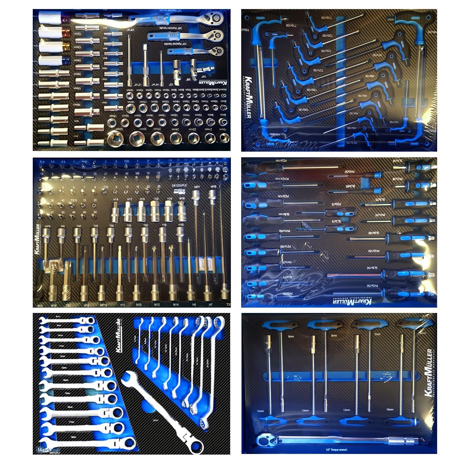Servante d'atelier Kraft Muller KM-7/6 Racing-Blue Flex Moto GP, 249 Outils Inclus - 7 tiroirs, 6 tiroirs Pleins, 1 Placard