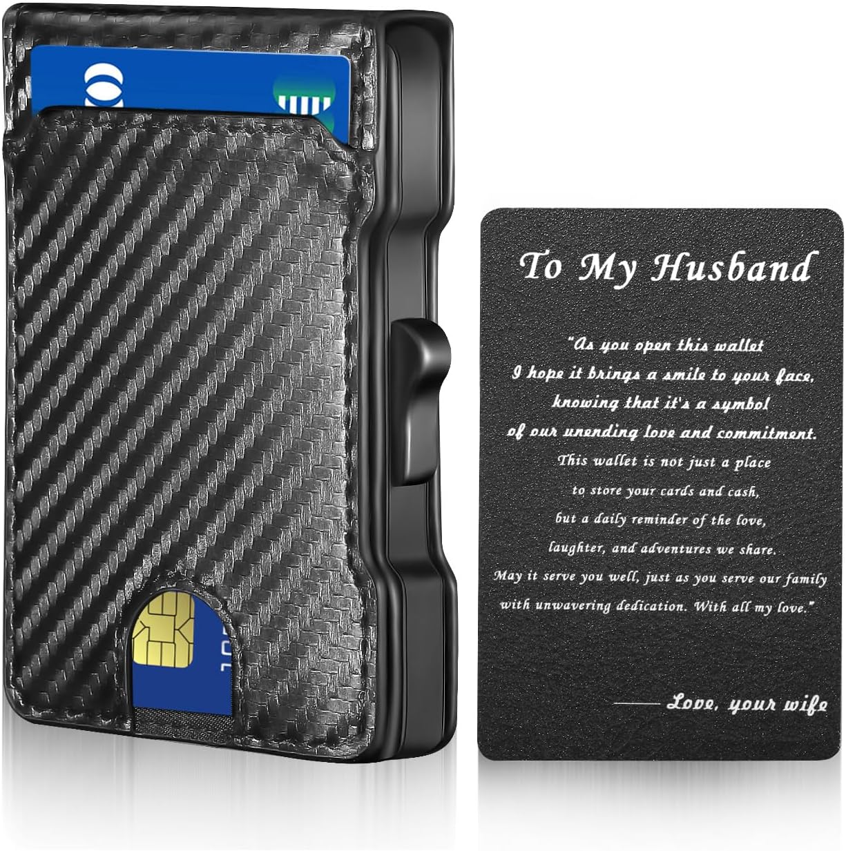 Slim Wallet for Men with Carbon Fiber Leather RFID Blocking - Minimalist Pop Up Metal Money Clip Card Holder for Credit & Cash (To my Husband)