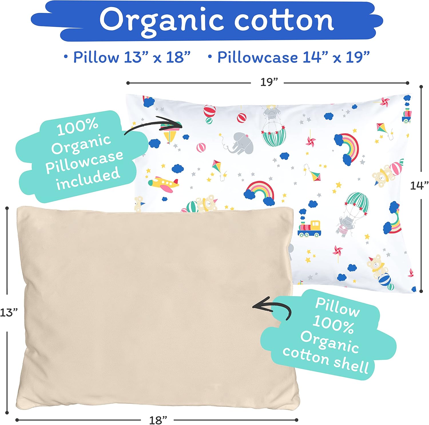 ​​Toddler Pillow with Pillowcase - Pillow Made in USA, Organic Shell + Organic Pillowcase - Toddler Pillows for Sleeping, Travel Pillow for Kids, Baby Pillow, 13x18 Washable - Toys : Baby