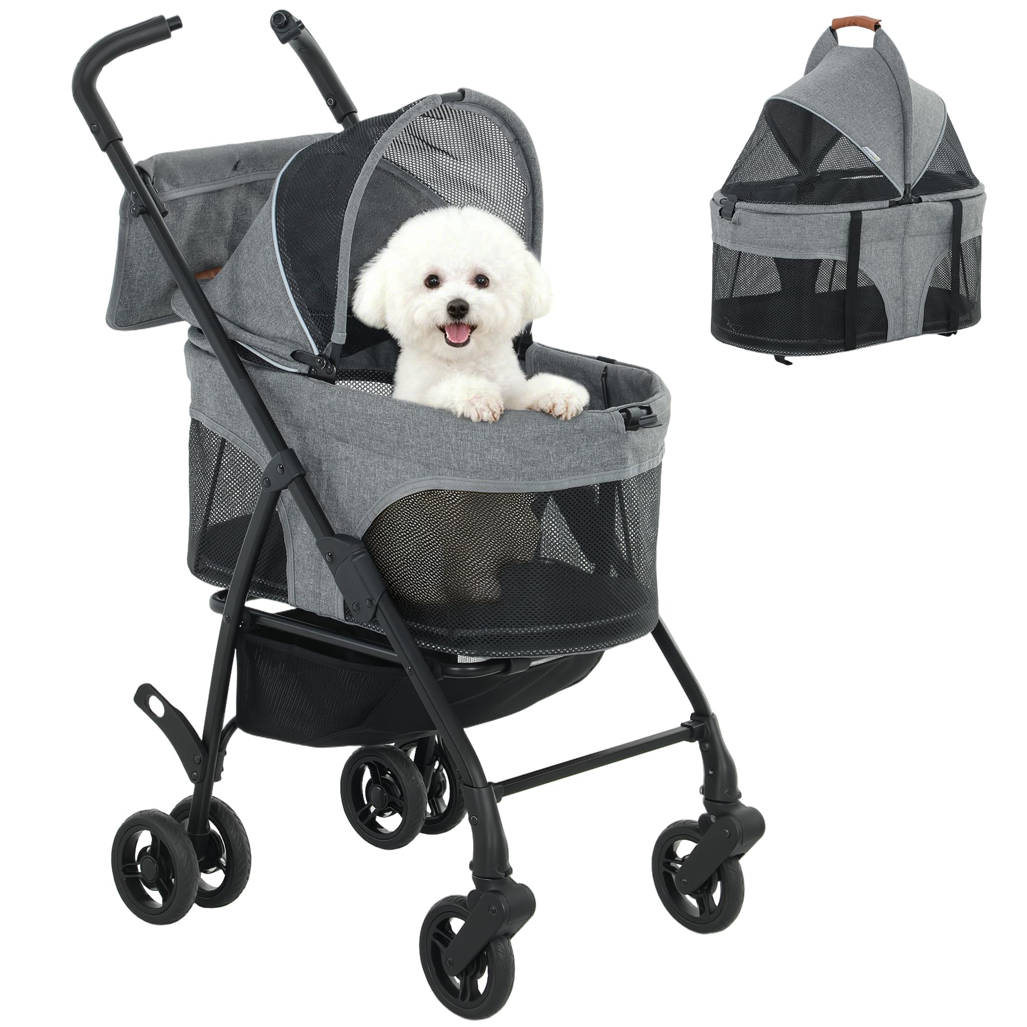 PawHut - Cochecito para perro 3 en 1 desmontable con capazo extraíble y sin cremallera, para perros pequeños y gatos de 10 kg, color gris