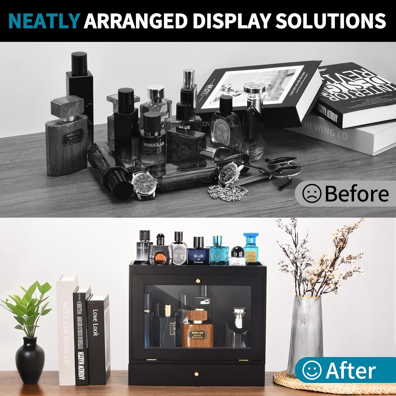 Perfume Organizer for Men, Wood Perfume Display Stand with Velvet Lining Drawer,Capacity Dustproof Perfume Holder for Watch,Jewelry,Perfume Display Risers,A Gift for Men (Black)