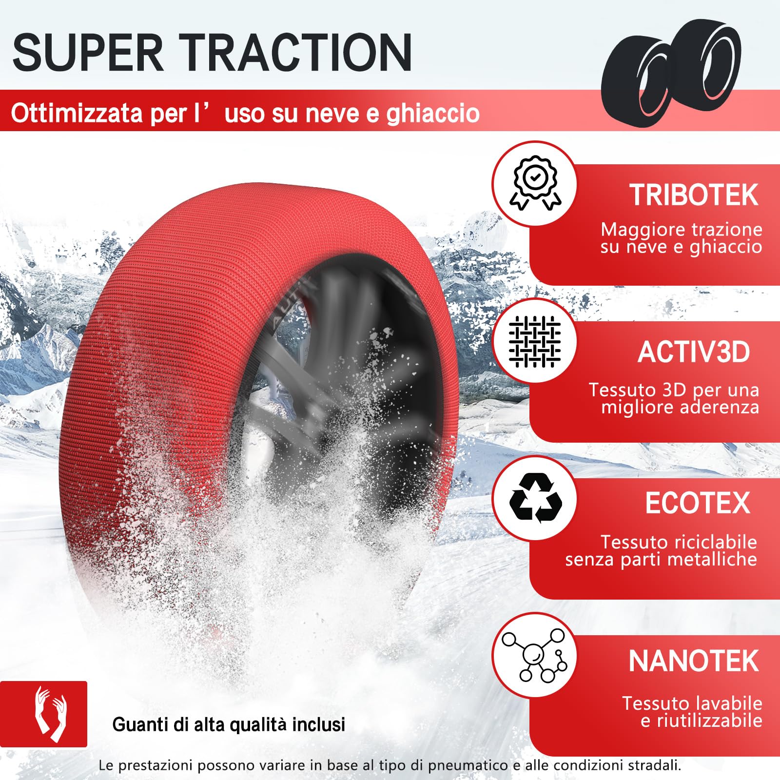 AUTIX-Calze da Neve Omologate Italia EN 16662-1 2020 2 Catene da Neve in Tessuto per Auto，Montaggio Facile in 2 Minuti (S)