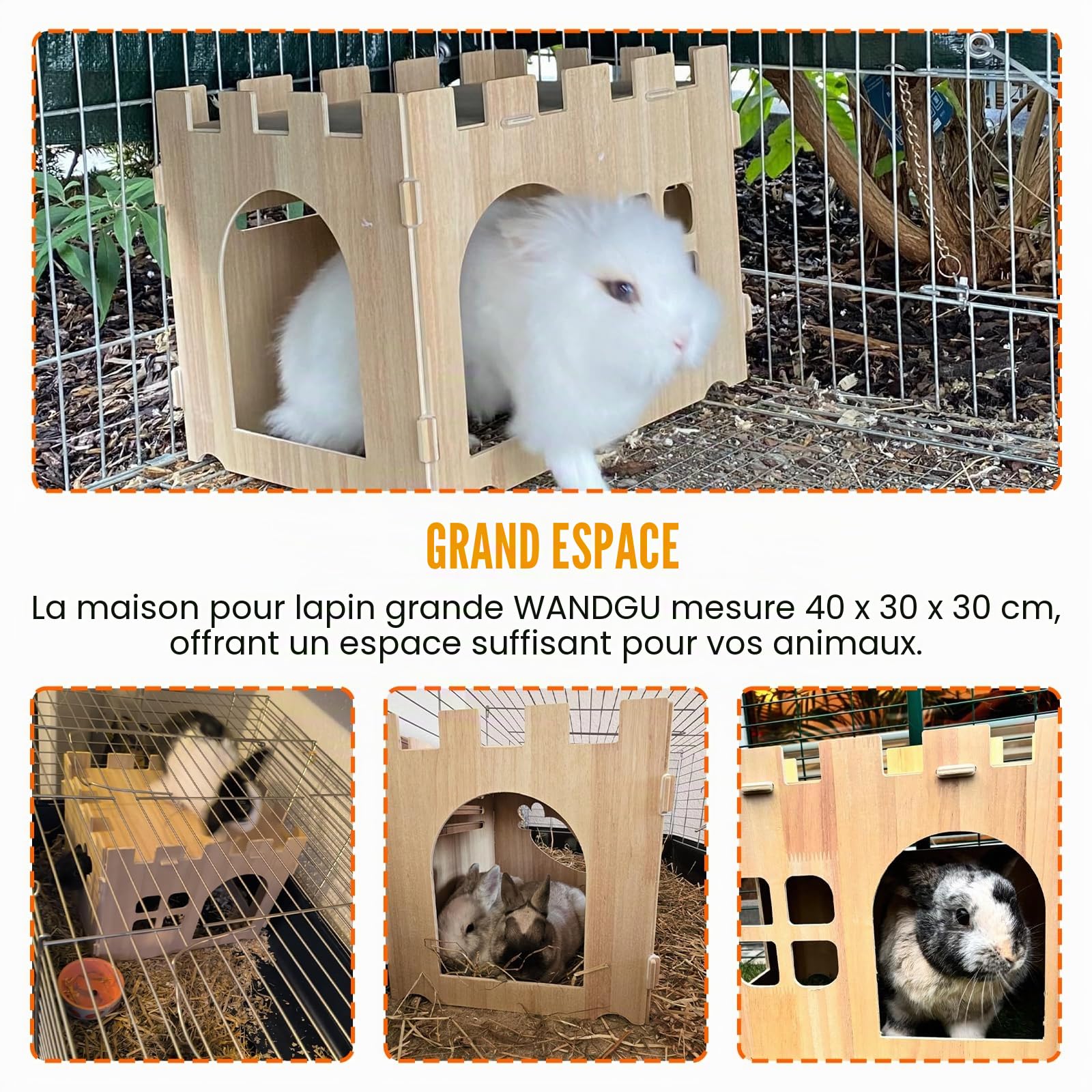 Grande maison pour lapin : grande maison pour lapins pour petits animaux, maison de jeu en bois à cacher, idéale pour les cochons d'Inde, les lapins nains et autres rongeurs (40 x 30 x 30 cm)