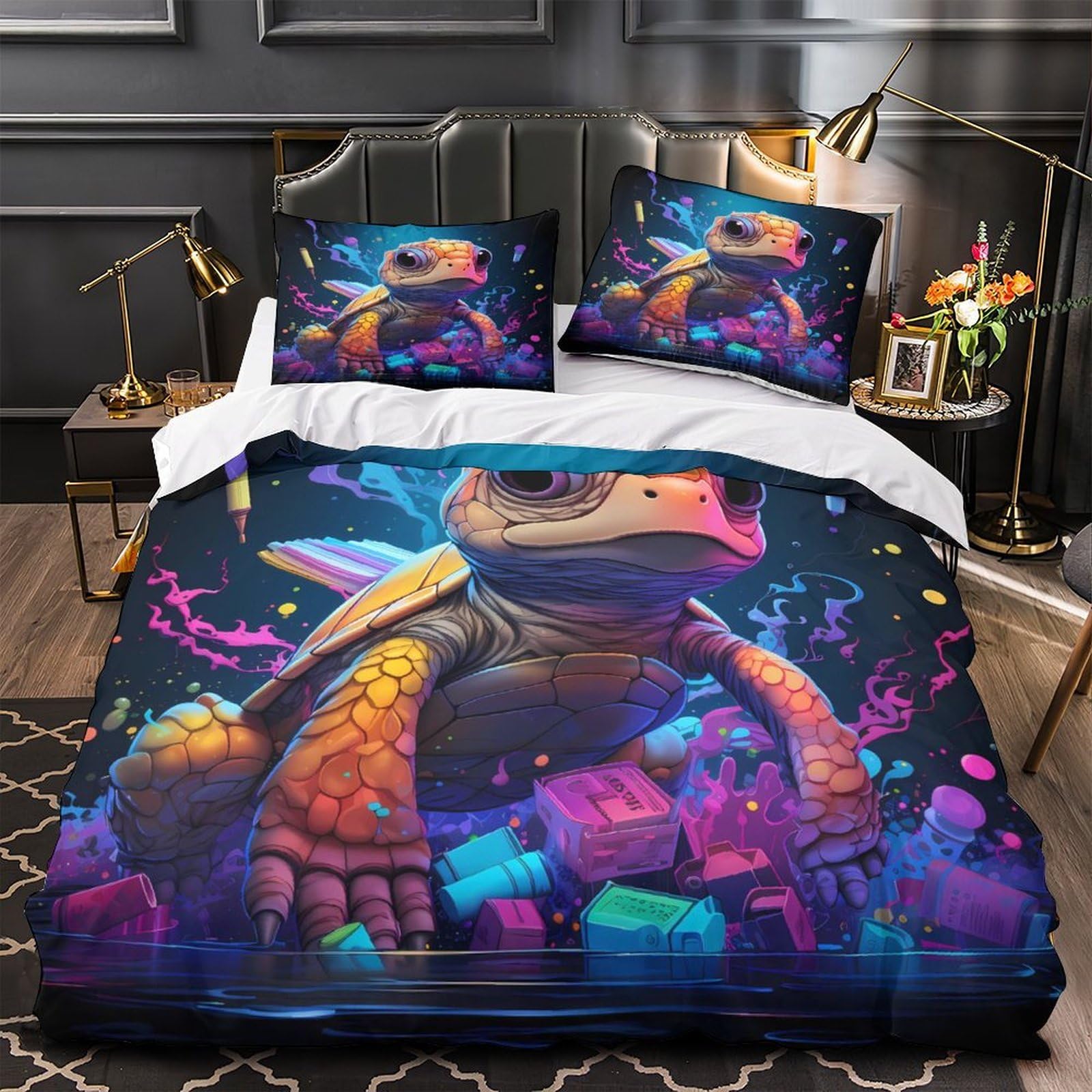 Parure de lit tortue de dessin animé en microfibre douce avec housse de couette enfant 140x200