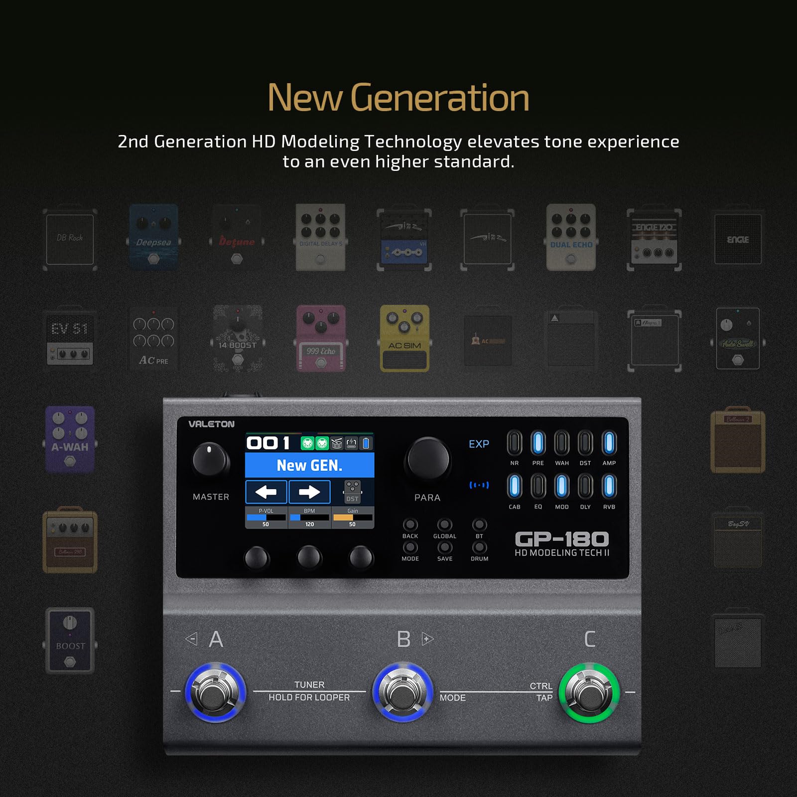 VALETON Processore multieffetto per chitarra con modellazione HD, 200+ effetti, supporto IR e NAM, looper, drum machine, interfaccia audio USB GP-180