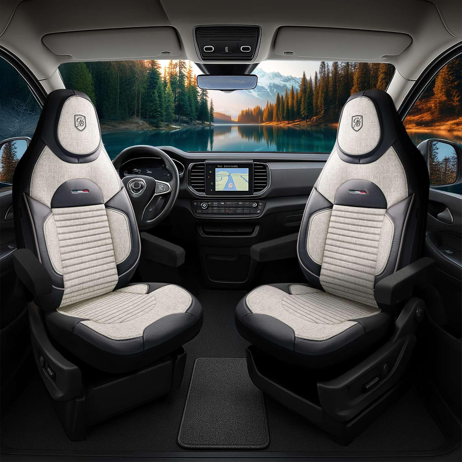 Fundas de Asiento Camper en Lino, compatibles Fiat Ducato, Citroën Jumper, Peugeot Boxer, Asientos Delanteros Conductor & acompañante, Camper & Caravana, Arena-Negro