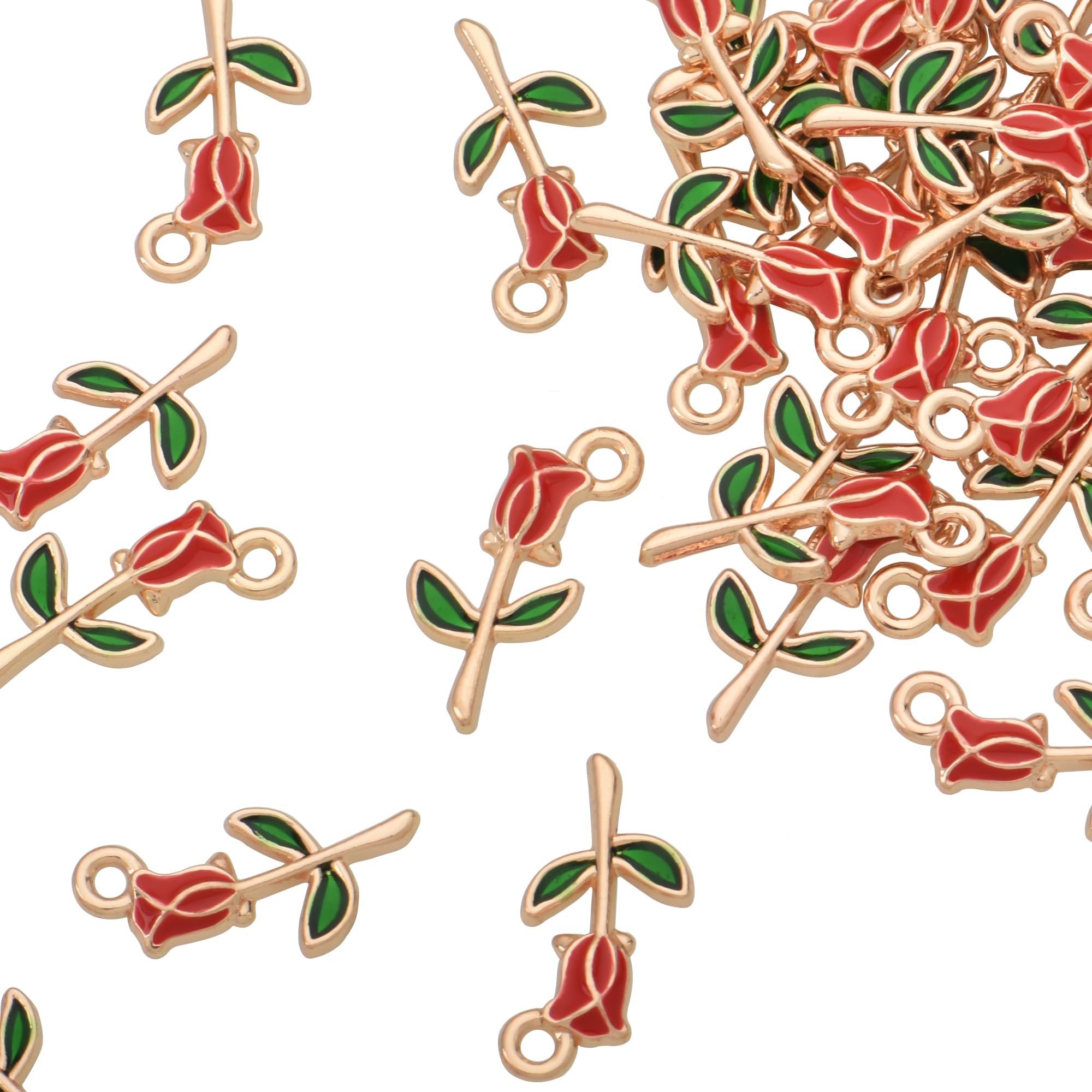 VIDRIO Pack of 80 Long Stem Rose Flower Enamel Charms Gold Plated Colored Pendants Accessories for Necklace Bracelet Jewelry Making DIY Crafting