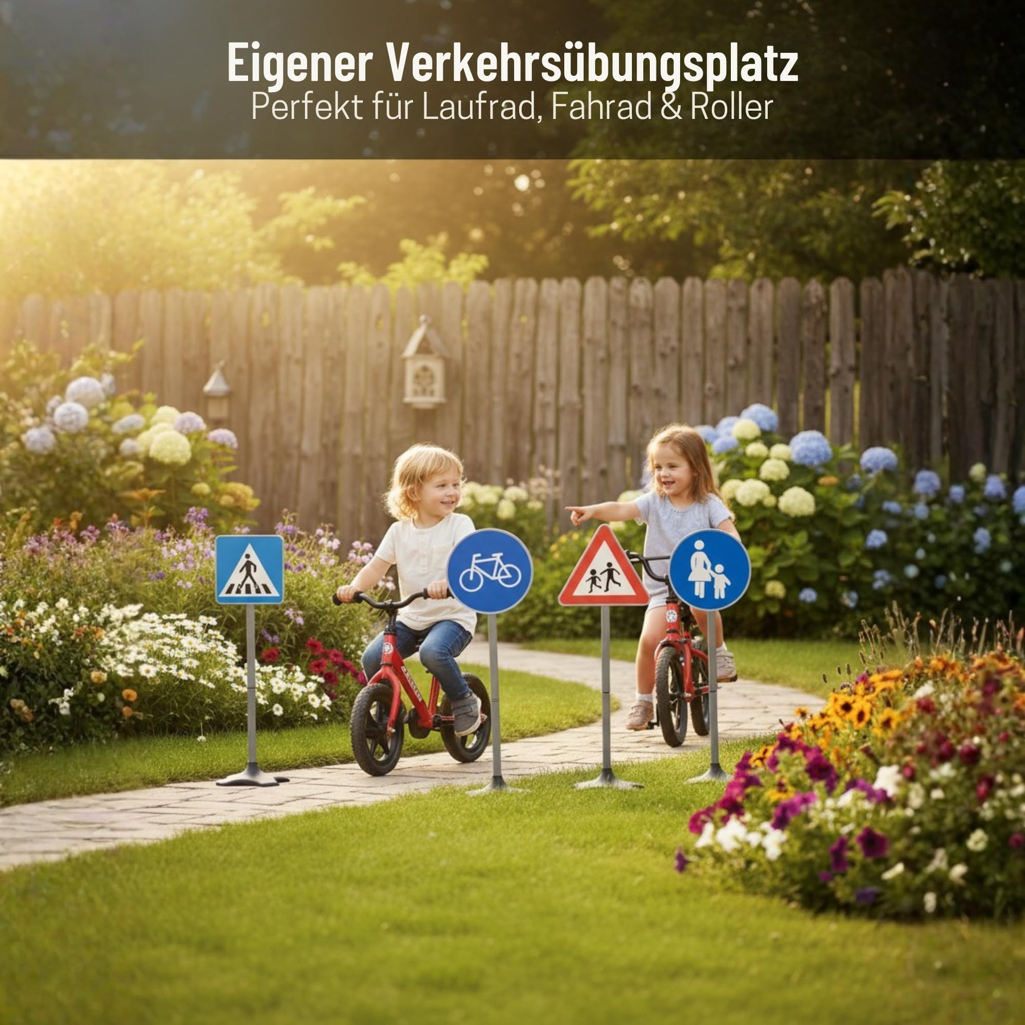 Verkehrsschilder Kinder Set (5 Stück, 75 cm) – Verkehrszeichen Spielzeug für Kinder – Verkehrserziehung Spielzeug für Garten & Kinderzimmer – Straßenschilder Spielset für Laufrad, Fahrrad & Kettcar