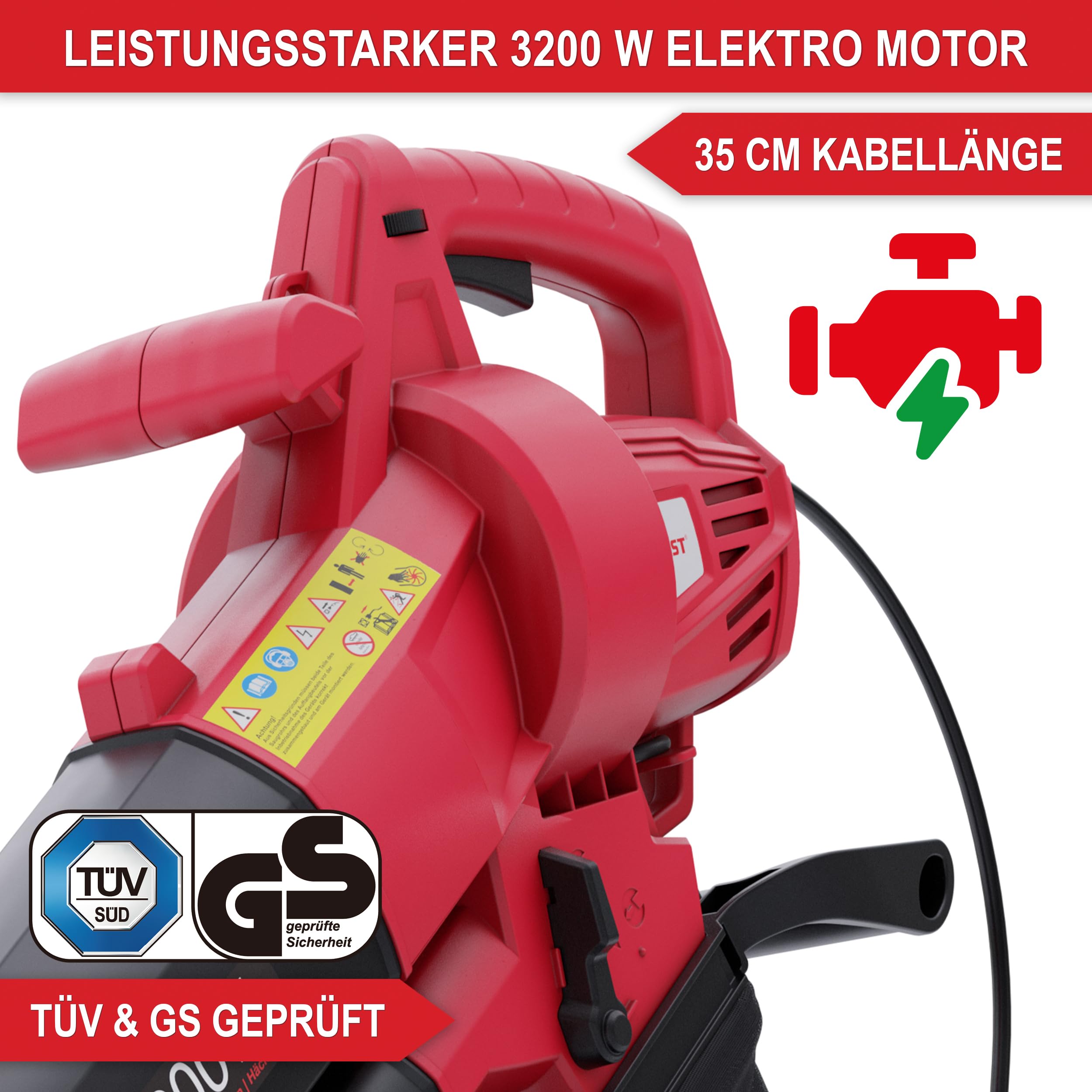ONBEST 3 in 1 Elektro Laubbläser – Gebläse, Sauger & Häcksler – 3200 Watt Elektro Motor – elektrischer Laubsauger mit Metall Häckselrad – inkl. Tragegurt – Laubgebläse, Laubsauger Elektro für Laub