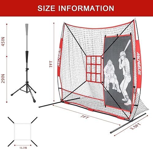 Miniatura 8 de Red de práctica de sóftbol de 7 x 7 pies, red de lanzamiento y bateo con camiseta de béisbol, maniquí de bateo, zona de ataque y marco de arco