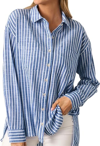 IYICLOTH Striped Button Down Shirts for Women Business Casual Collared Tops Loos