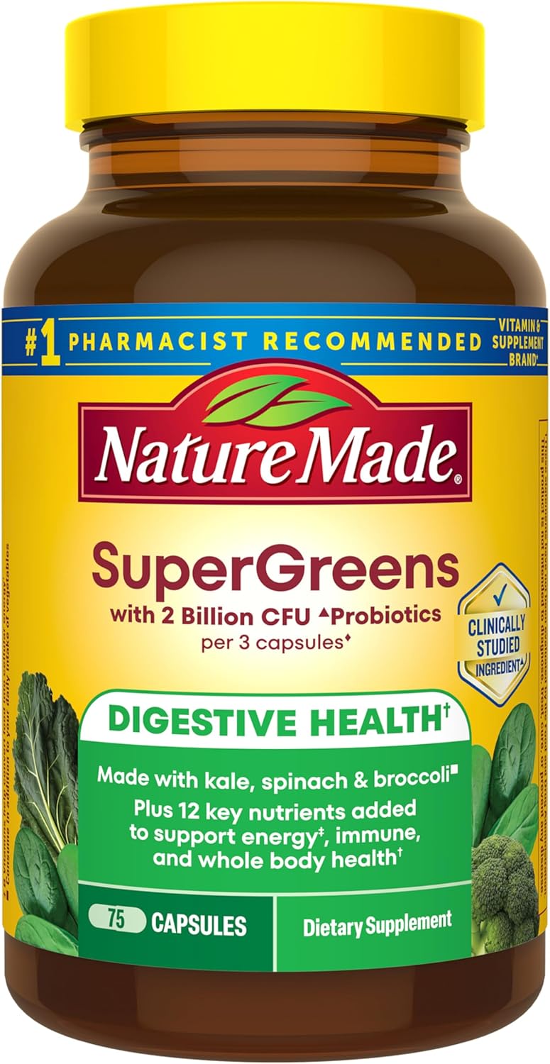 Nature Made Super Greens with Probiotic Capsules, Made with 1/2 Cup Veggies Per Serving + Probiotics for Digestive Health, 75 Capsules, 25 Day Supply