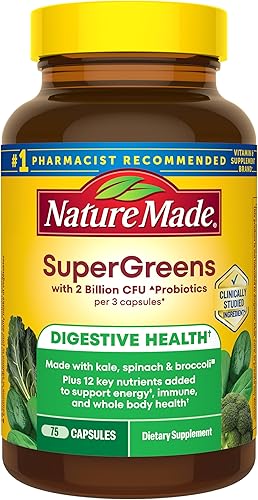 Nature Made Super Greens with Probiotic Capsules, Made with 1/2 Cup Veggies Per Serving + Probiotics for Digestive Health, 75 Capsules, 25 Day Supply