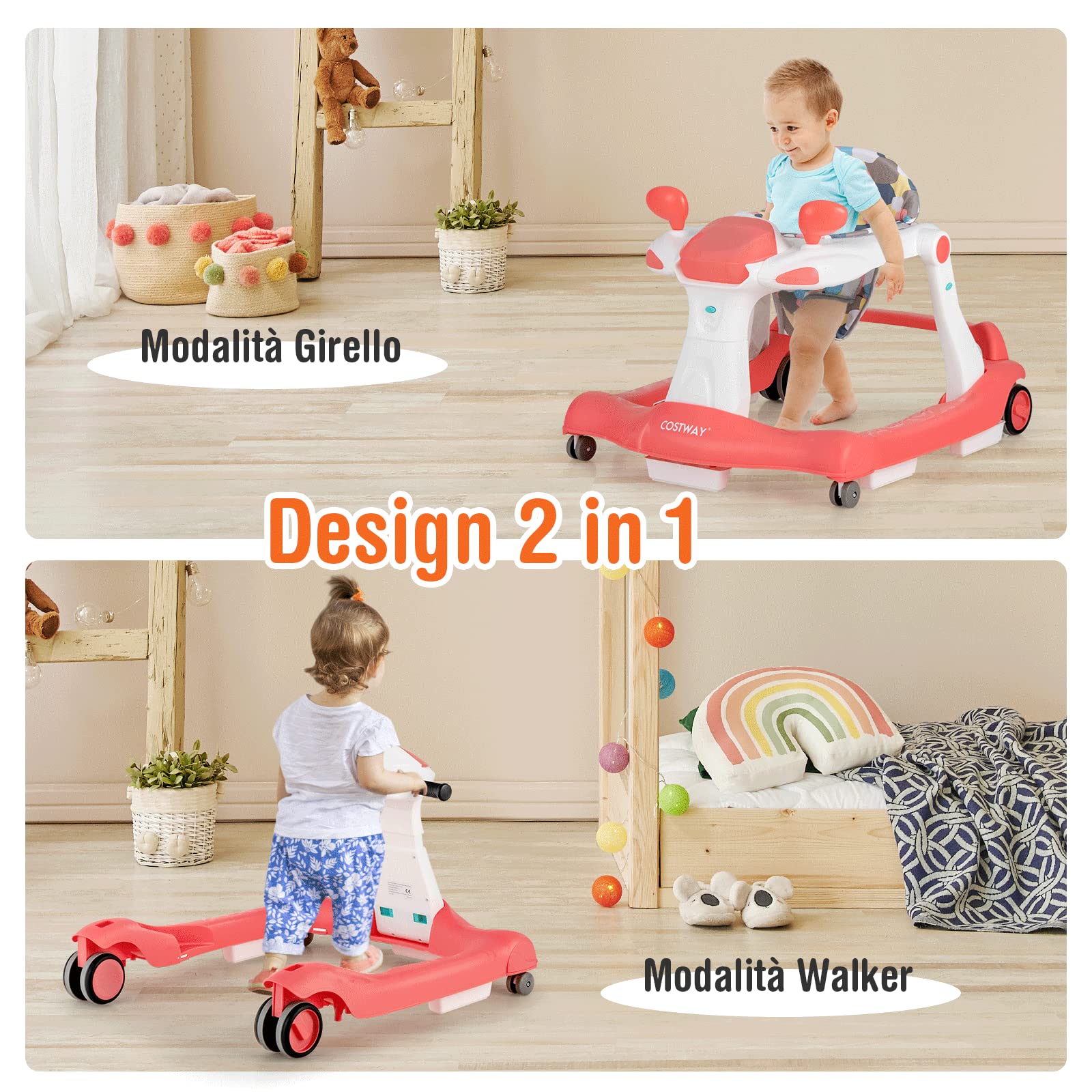 COSTWAY Girello per bambini 2 in 1, Girello con Altezza e Velocità Regolabili, Carillon con Luci e Cuscino Comodo, Primi Passi per Bambini 6-18 Mesi, Capacità di carico: 15 kg (Arancia)