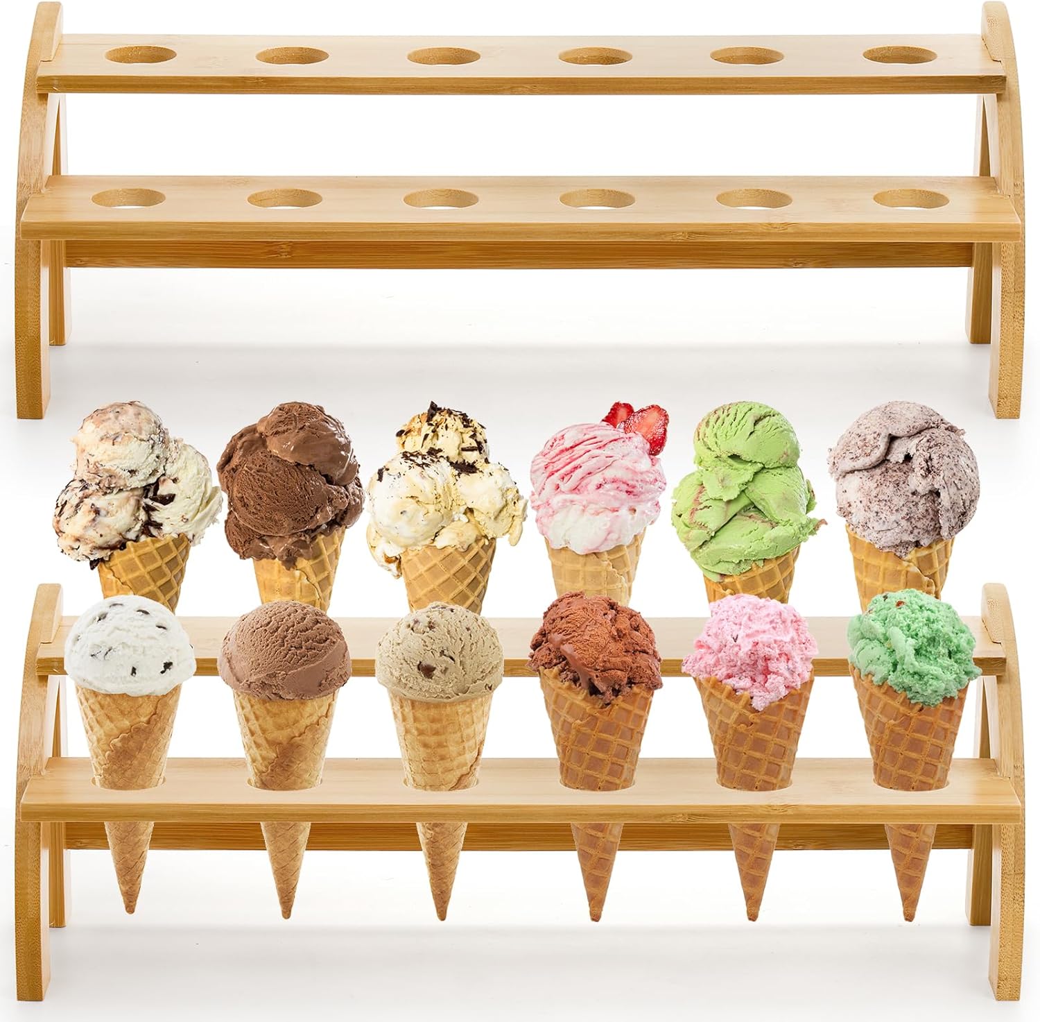 Peohud 2 Pack Bamboo Ice Cream Cone Holder, 2 Layers Waffle Cone Display Stand with 12 Holes, Durable Hand Roll Sushi Popcorn Temaki Stand for Weddings, Birthday Parties, Buffet, Food Truck
