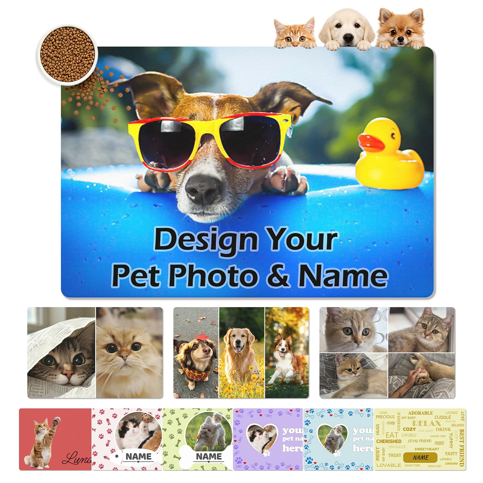 Custom Dog Bowl Mat with Name Photo,Personalised Cat Feeding Mats,Absorbent PU Non Slip Rubber Backing,Customised Pet Food Mat for Indoor Floors,Near Dog Bed,Cat Area, for Friend Family