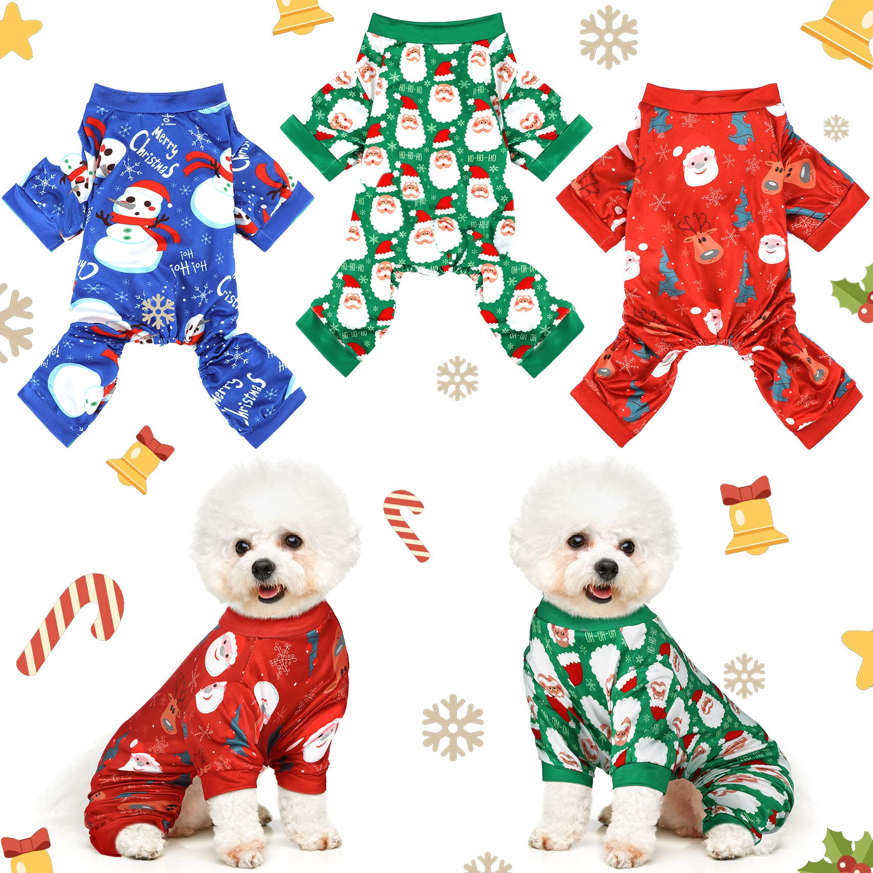 3 Pieces Christmas Dog Pajamas Dog Jumpsuit Santa Snowman Pet Clothes Christmas Pet Pajamas Holiday Costume Jumpsuit for Puppy Cat(Classic Pattern,L (