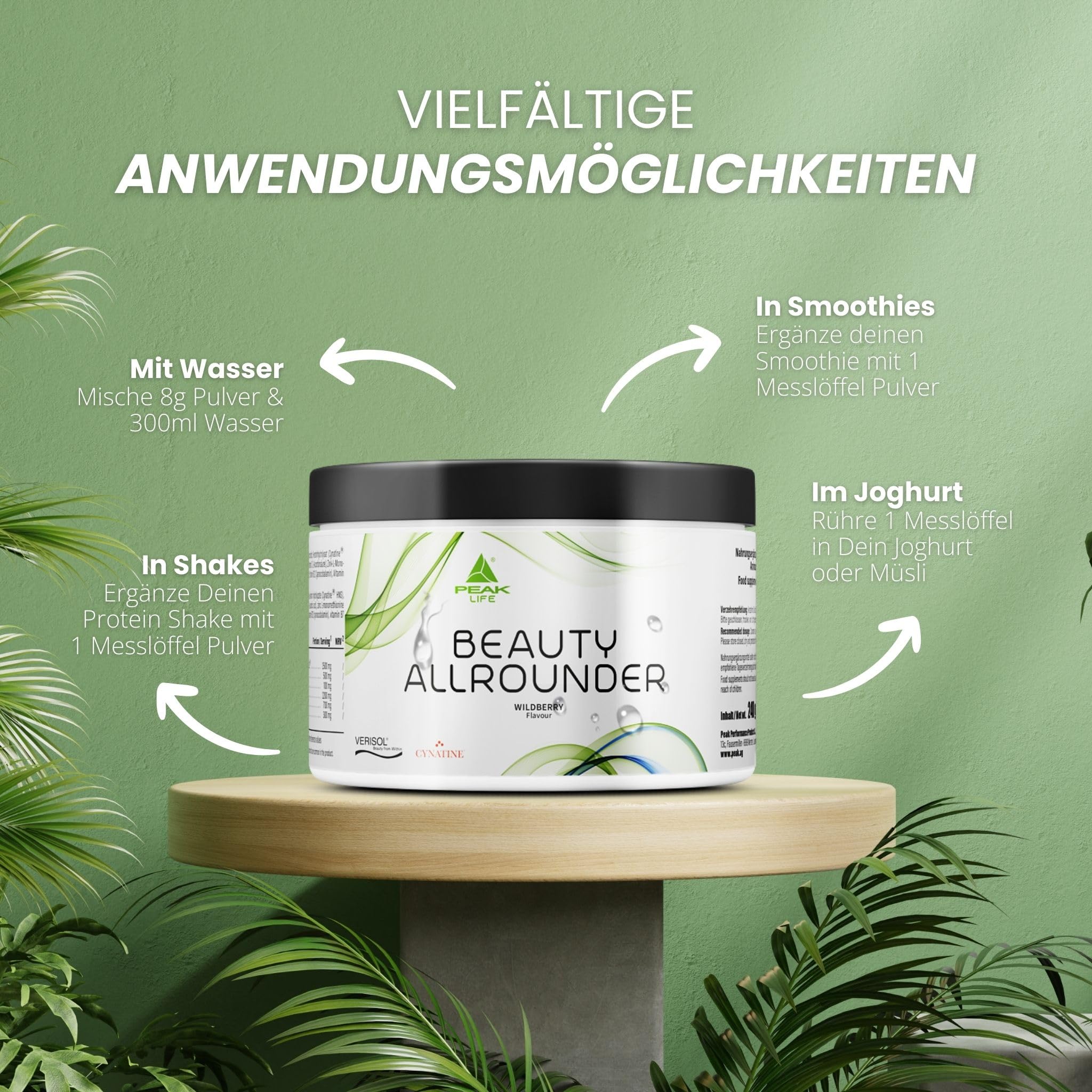 PEAK Beauty Allrounder - 240g Geschmack White Tea Peach I 30 Portionen I Haut Haare Nägel Komplex mit Kollagen (VERISOL®), Keratin (Cynatine® HNS), Hyaluronsäure und Biotin. Mit Vitaminen.