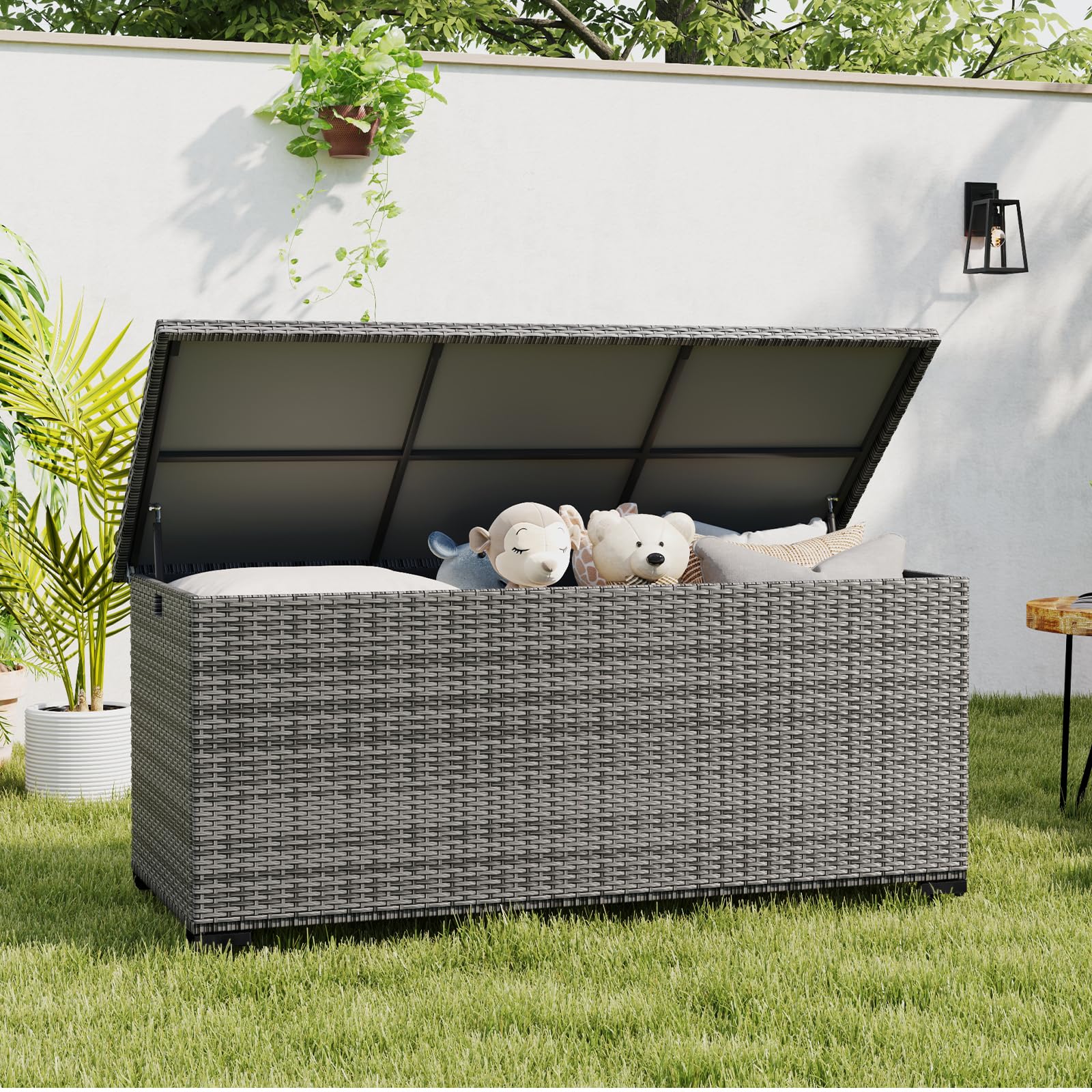 Amopatio Gartenbox Auflagenbox wasserdicht 650 Liter, Kissenbox outdoor aus Polyrattan, Aufbewahrungsbox Metall mit Gasdruckfedern, Gartenkiste wetterfest für Garten, Balkon, (Grau)