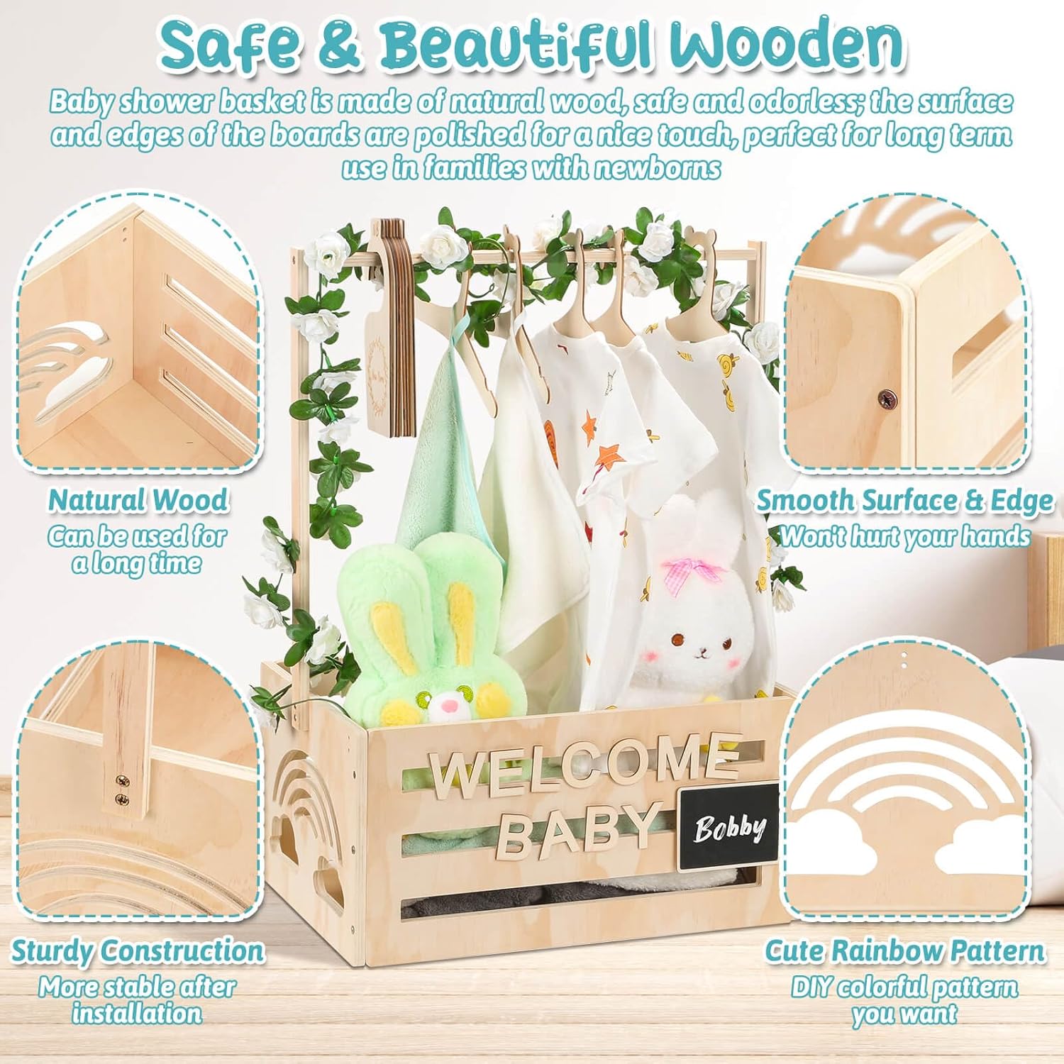 Jupwalz Wooden Baby Shower Crate Closet With Hangers, Letters, Dividers - Easy Assembly Basket for Newborn Boys Girls - Pregnancy Gifts for New Parents
