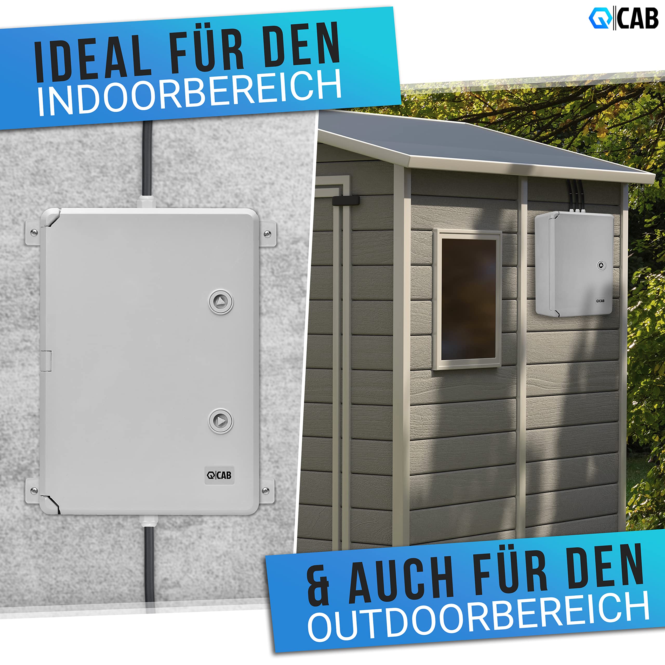 QCAB Wasserdichter Verteilerkasten für den Außenbereich | IP65 | ABS Kunststoff Gehäuse außen | Schaltkasten | Stromkasten | Steckdosenkasten Garten… (25 x 35 x 15 cm)