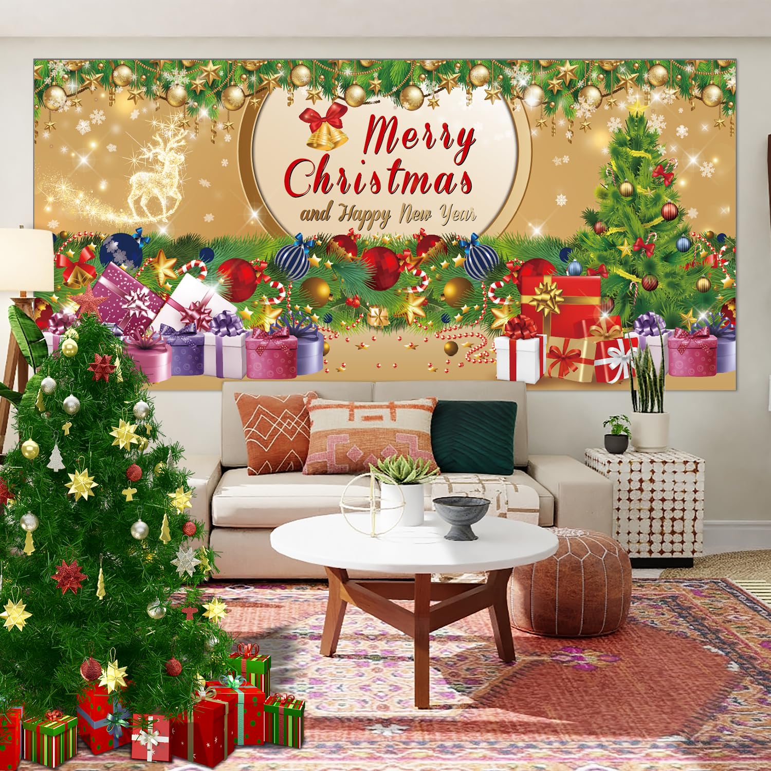 Bannière De Porte De Garage Noël 1.85x4m - Décoration Extérieure En Tissu Polyester Avec Corde | Sapins, Cerfs, Cadeaux